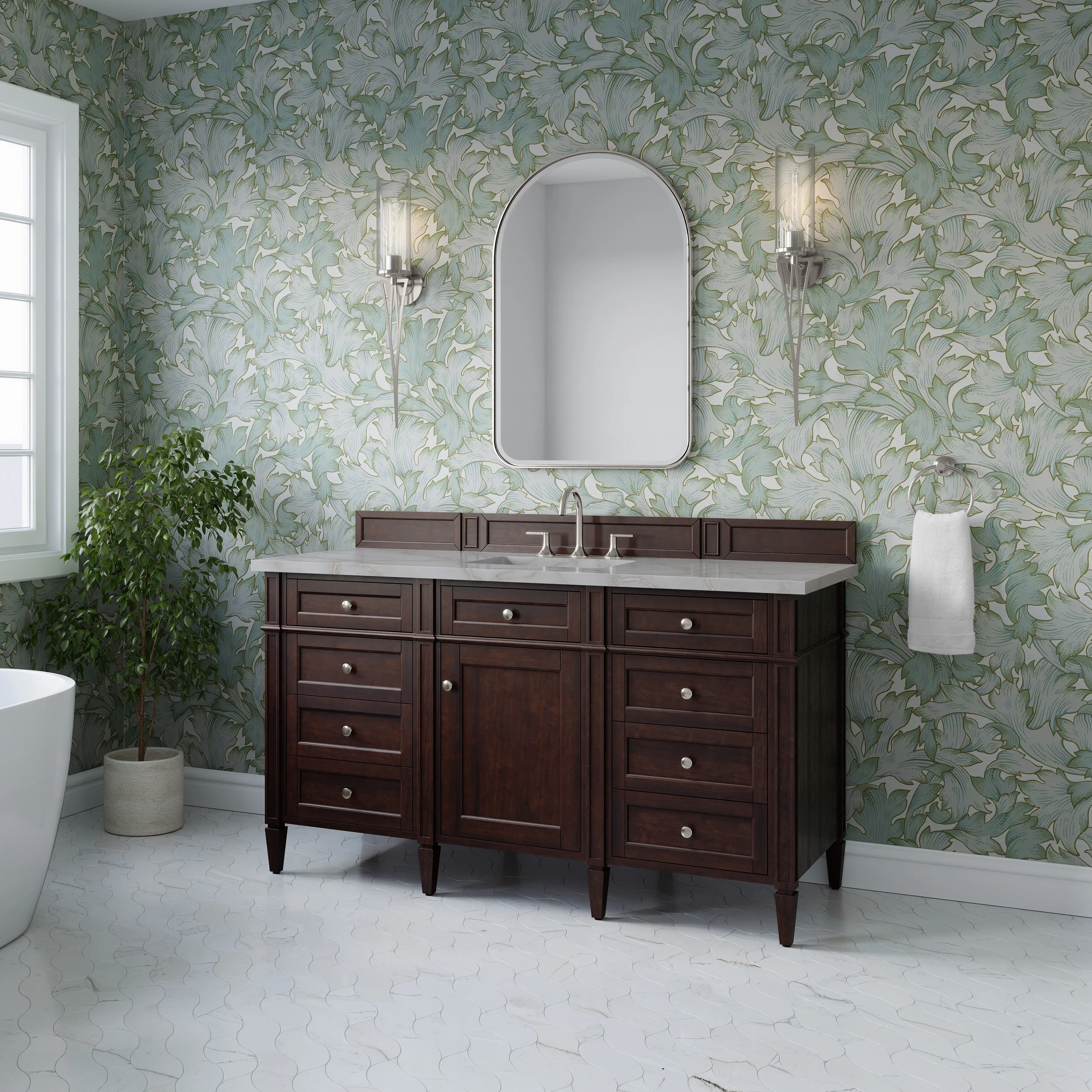 Brittany 60" Single Vanity, Burnished Mahogany w/ 3 CM Victorian Silver Silestone Top