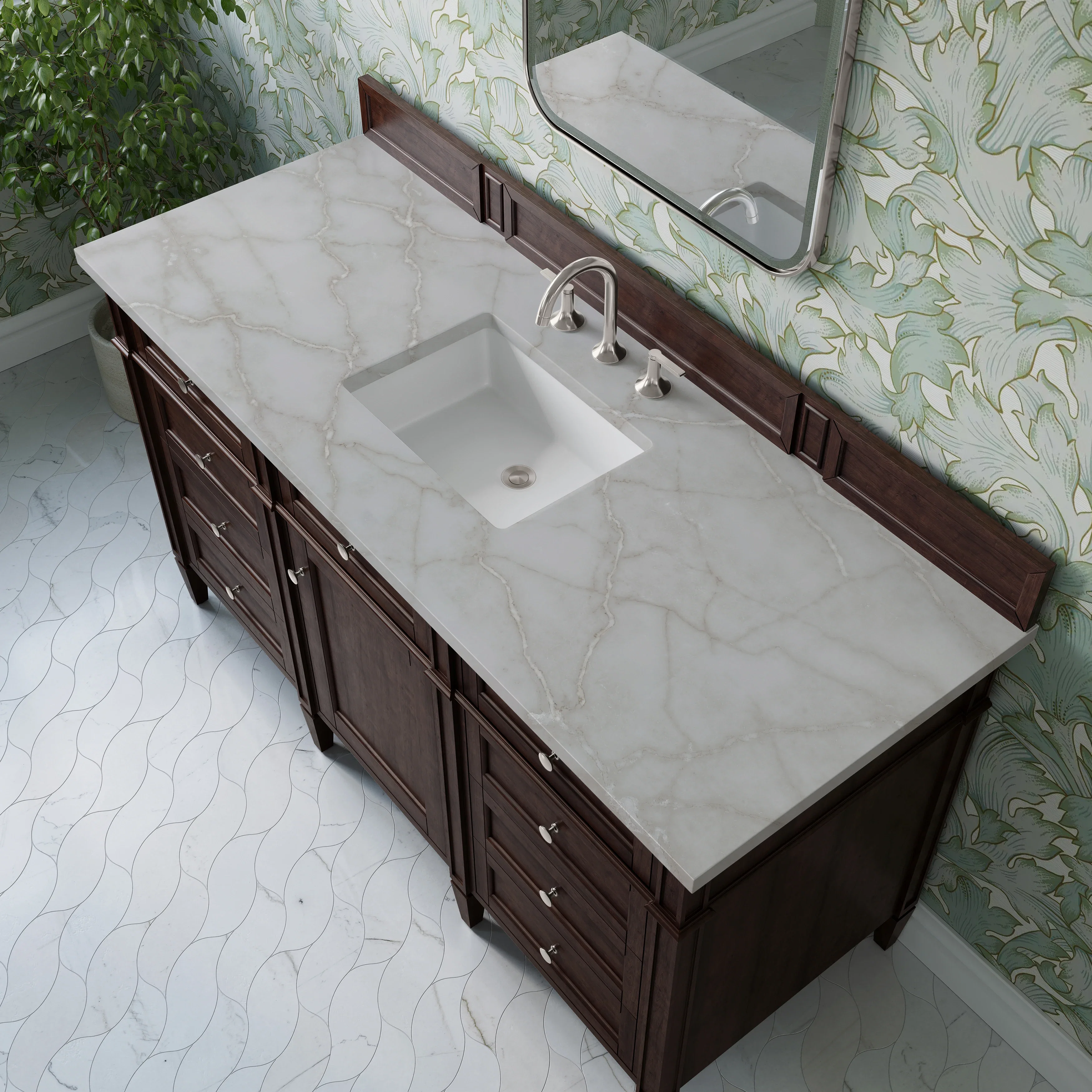 Brittany 60" Single Vanity, Burnished Mahogany w/ 3 CM Victorian Silver Silestone Top