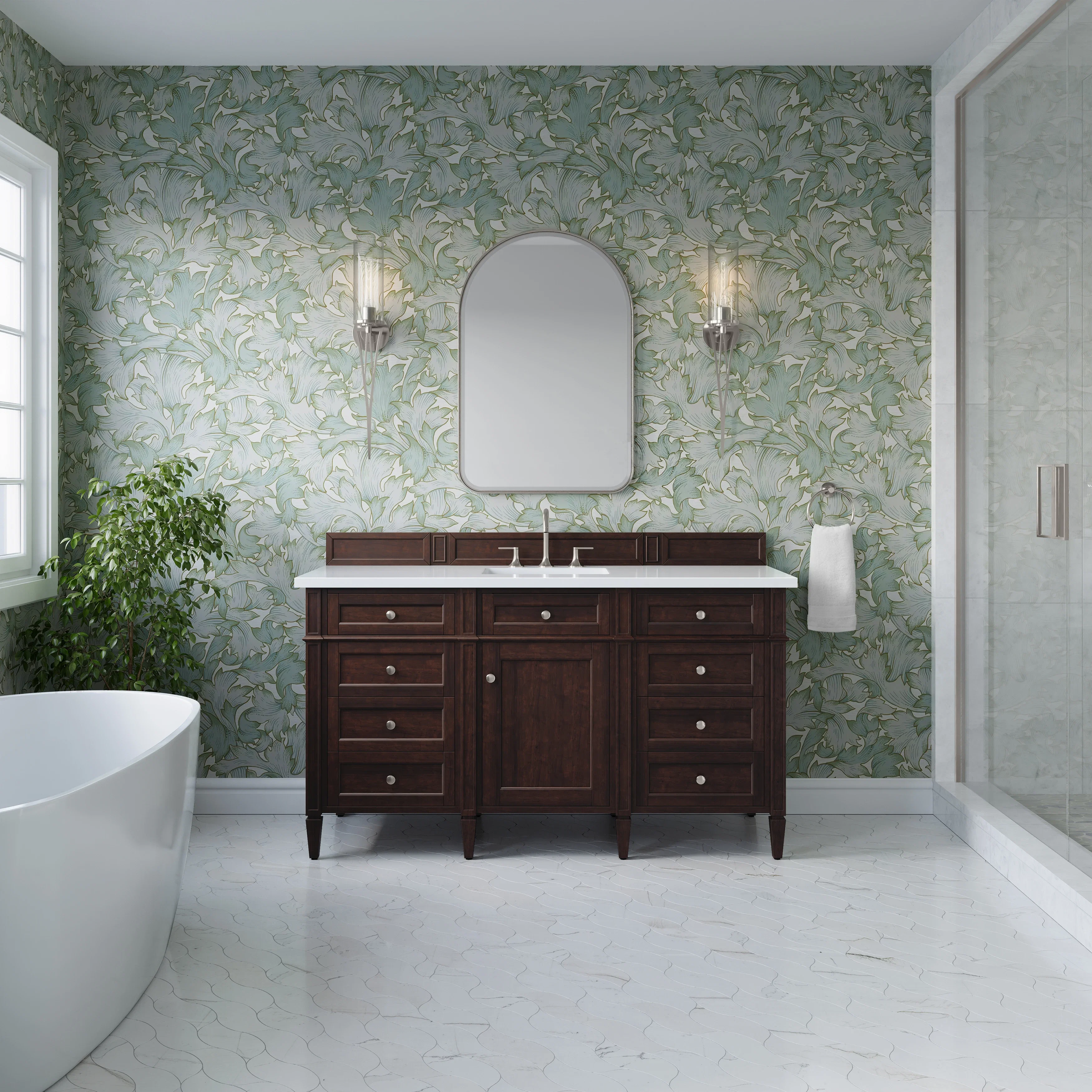Brittany 60" Single Vanity, Burnished Mahogany w/ 3 CM White Zeus Silestone Top