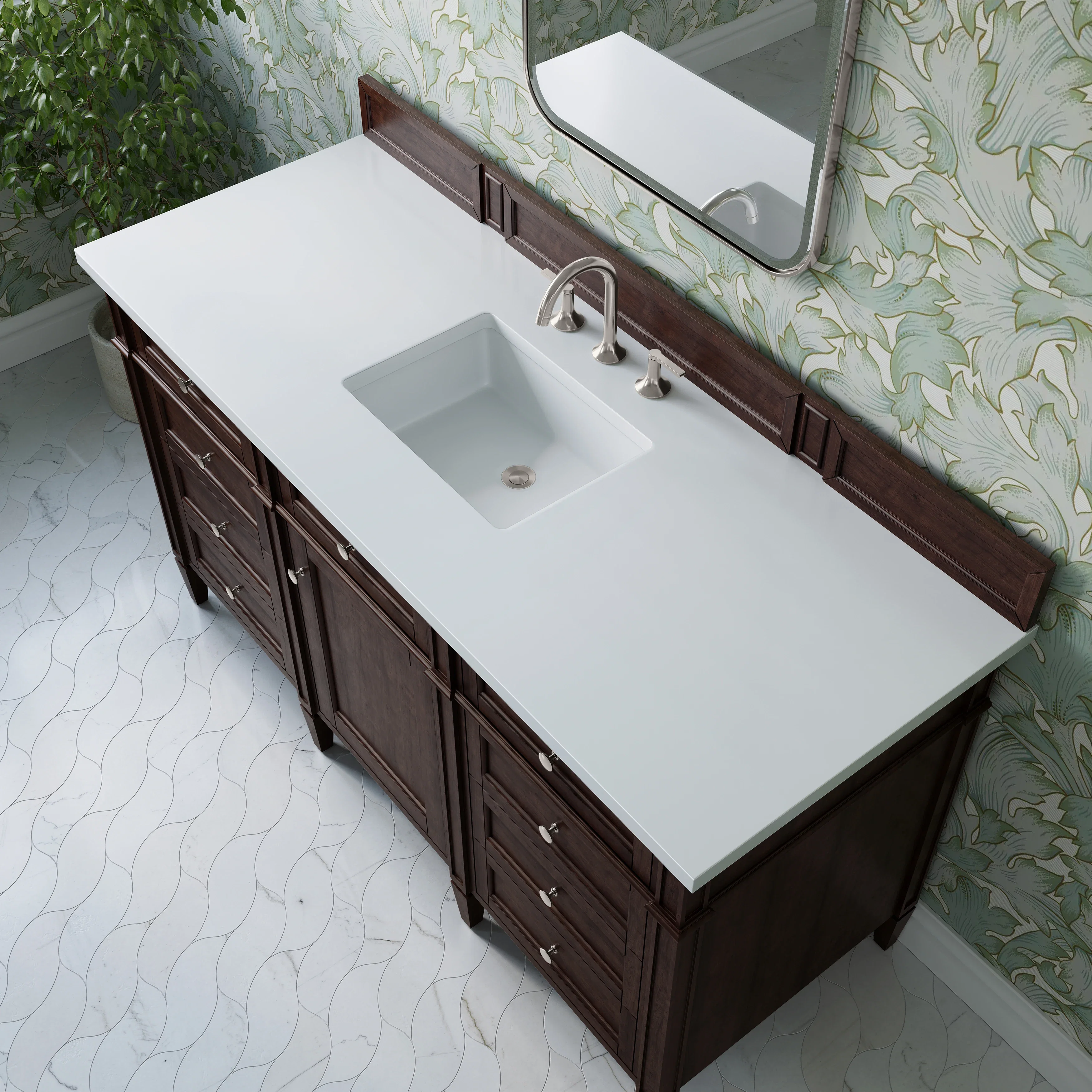 Brittany 60" Single Vanity, Burnished Mahogany w/ 3 CM White Zeus Silestone Top