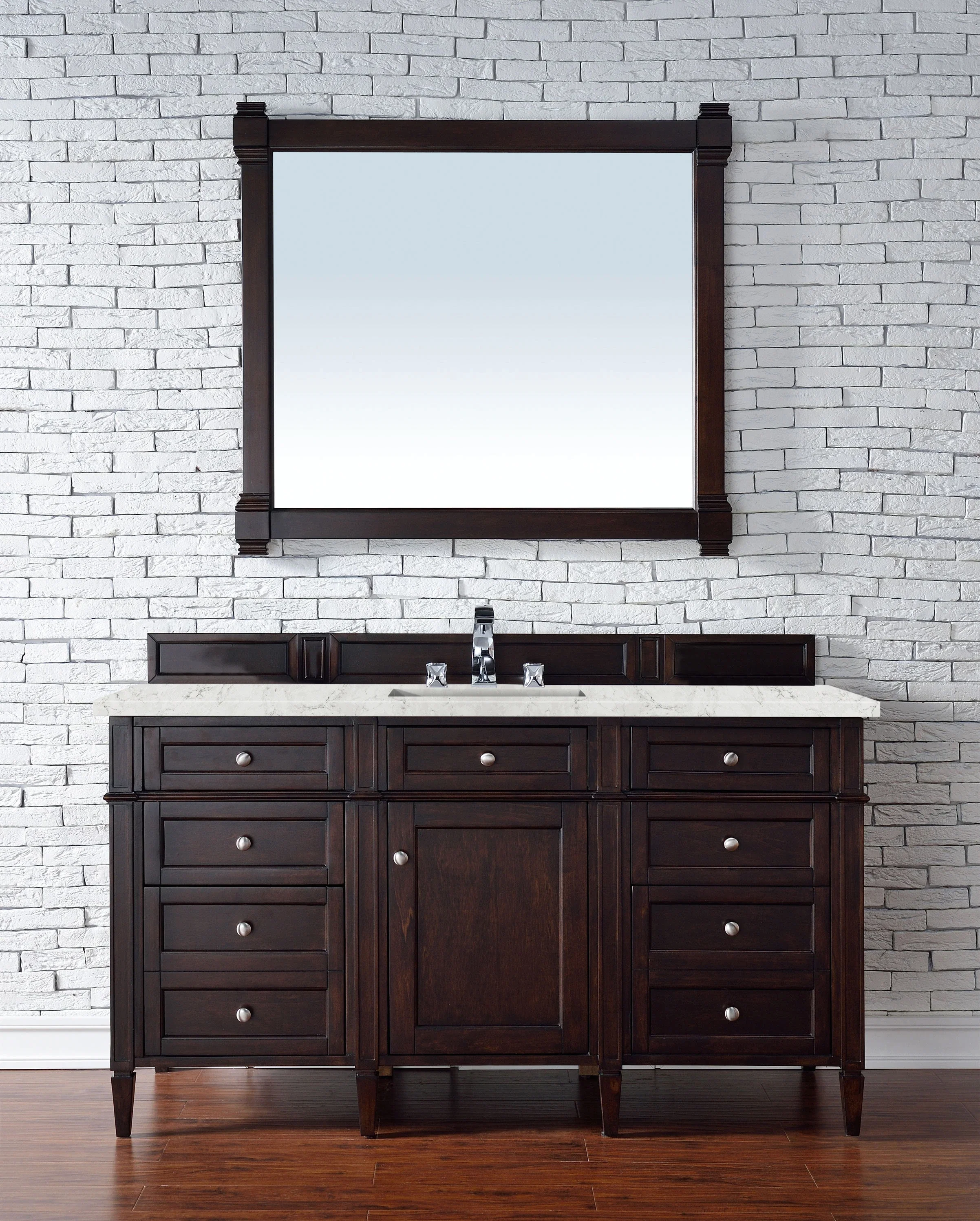 Brittany 60" Single Vanity, Burnished Mahogany w/ 3 CM Eternal Jasmine Pearl Silestone Top w/FreePower Wireless Charger