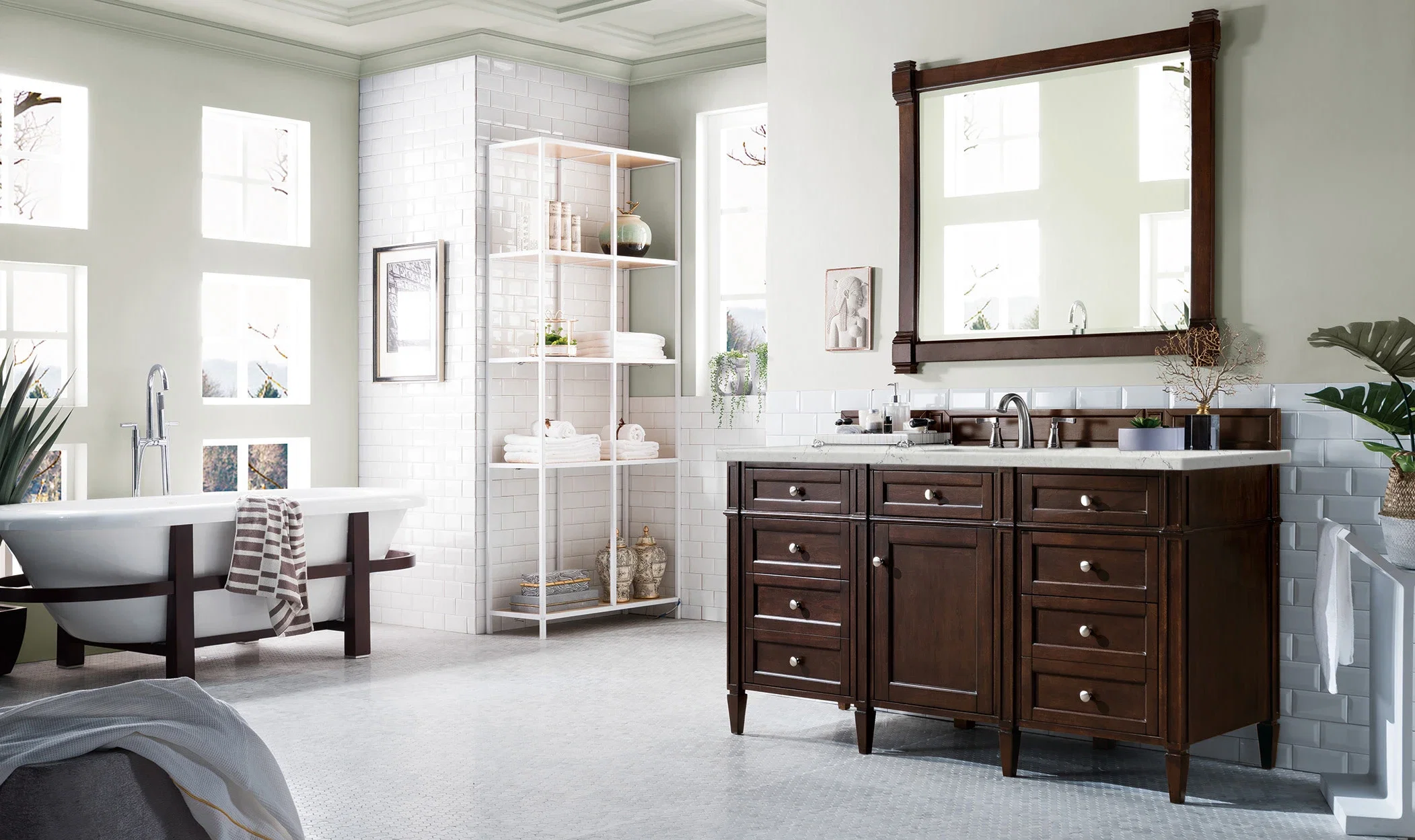 Brittany 60" Single Vanity, Burnished Mahogany w/ 3 CM Eternal Jasmine Pearl Silestone Top w/FreePower Wireless Charger