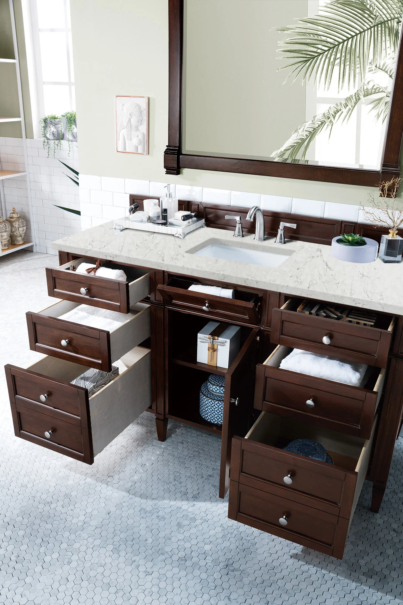 Brittany 60" Single Vanity, Burnished Mahogany w/ 3 CM Eternal Jasmine Pearl Silestone Top w/FreePower Wireless Charger