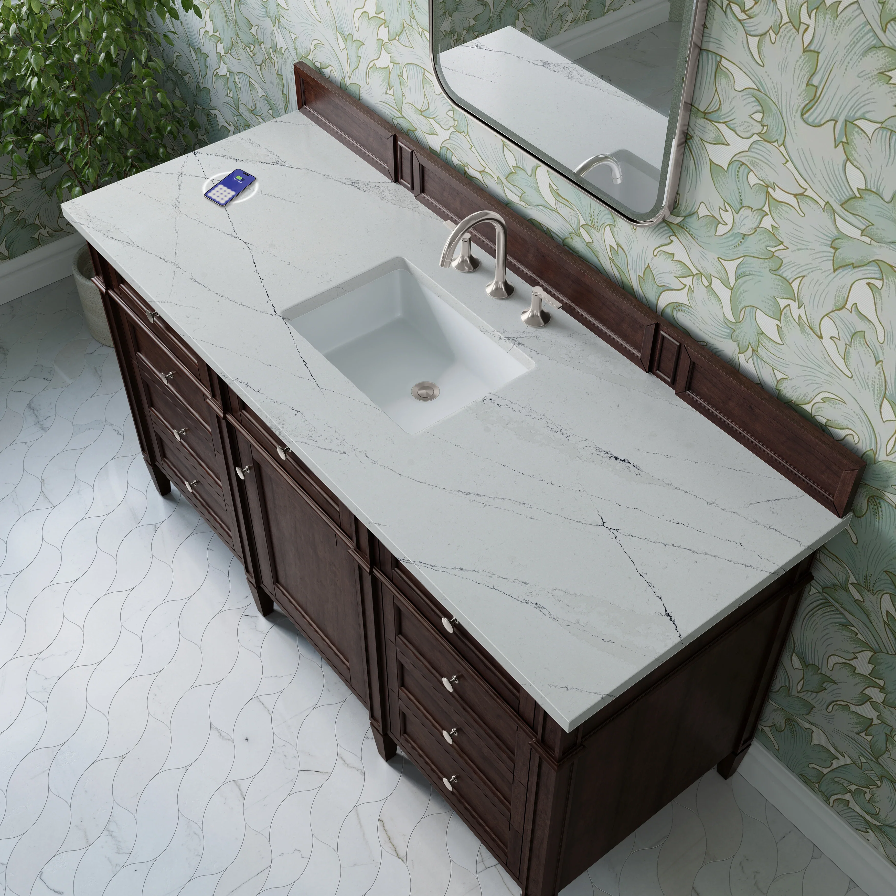 Brittany 60" Single Vanity, Burnished Mahogany w/ 3 CM Ethereal Noctis Silestone Top w/FreePower Wireless Charger