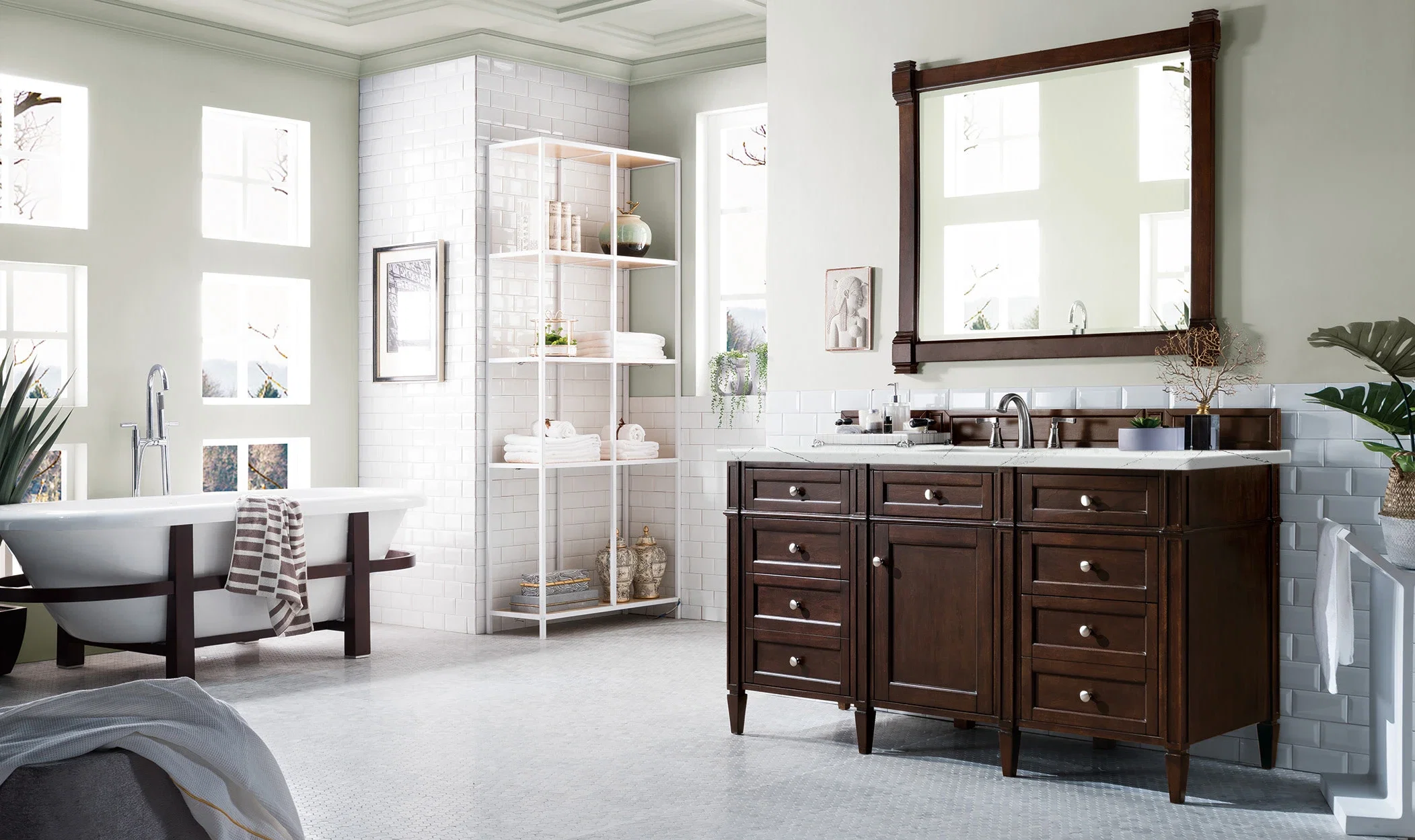 Brittany 60" Single Vanity, Burnished Mahogany w/ 3 CM Ethereal Noctis Silestone Top w/FreePower Wireless Charger