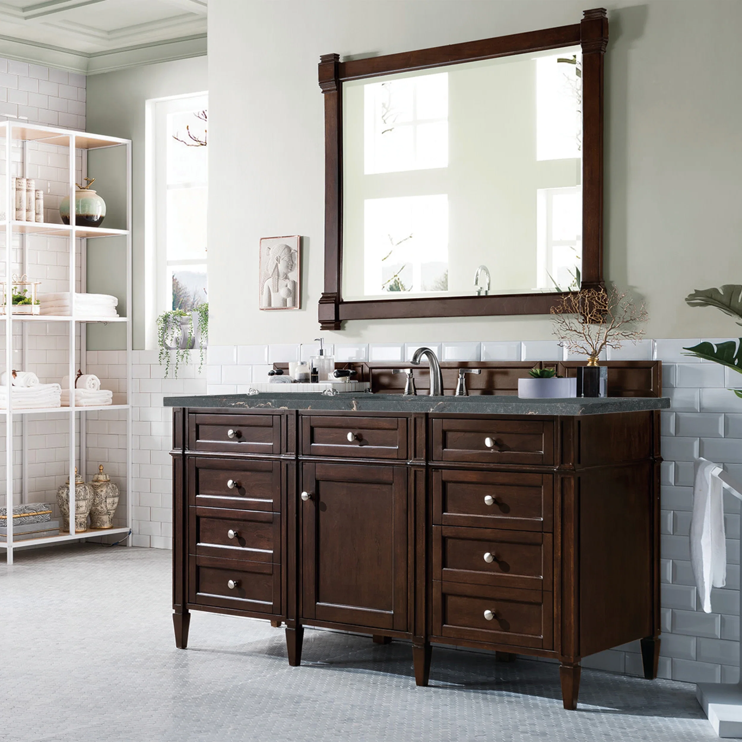 Brittany 60" Single Vanity, Burnished Mahogany w/ 3 CM Parisien Bleu Silestone Top w/FreePower Wireless Charger