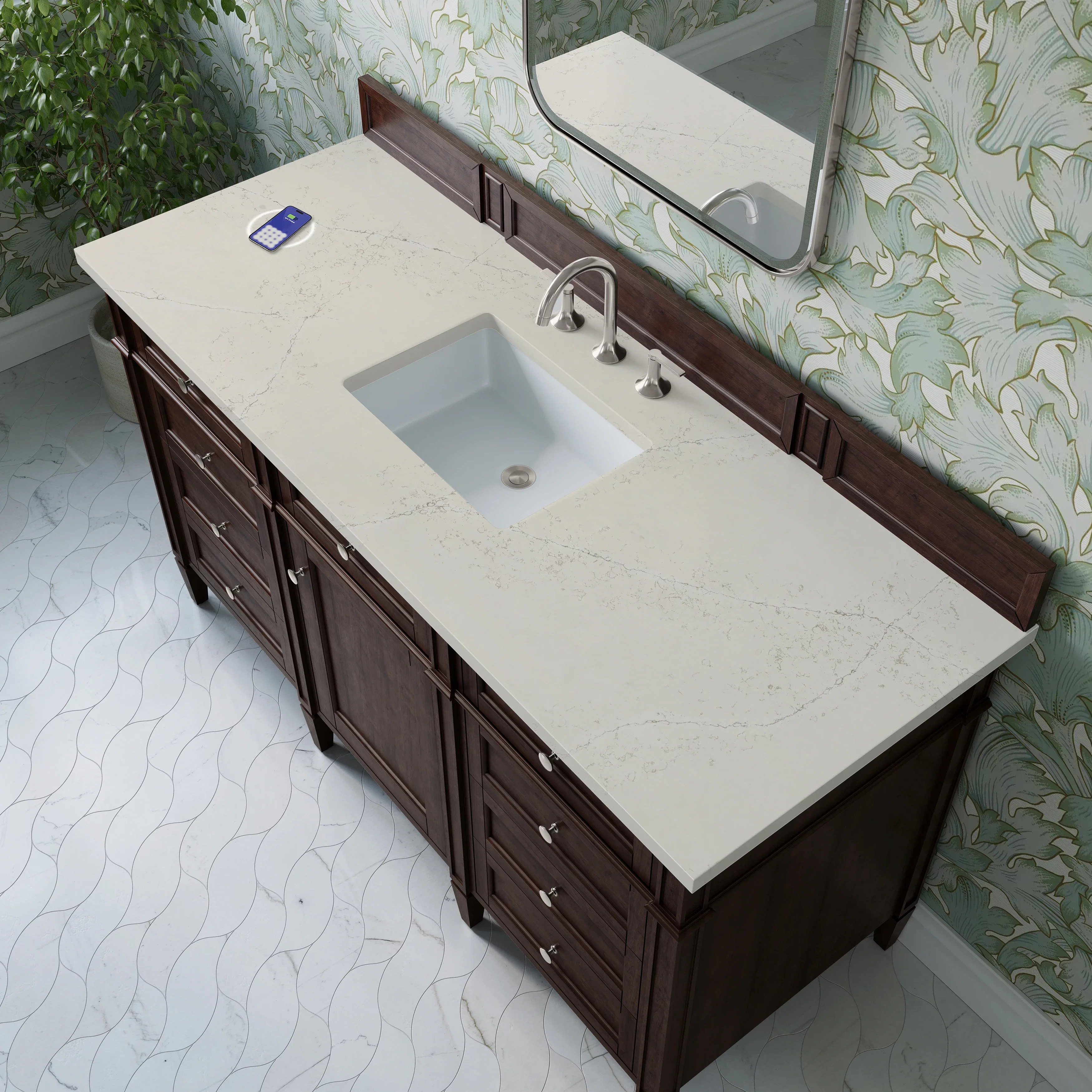 Brittany 60" Single Vanity, Burnished Mahogany, w/ 3 CM Siberian Silestone Top w/FreePower Wireless Charger