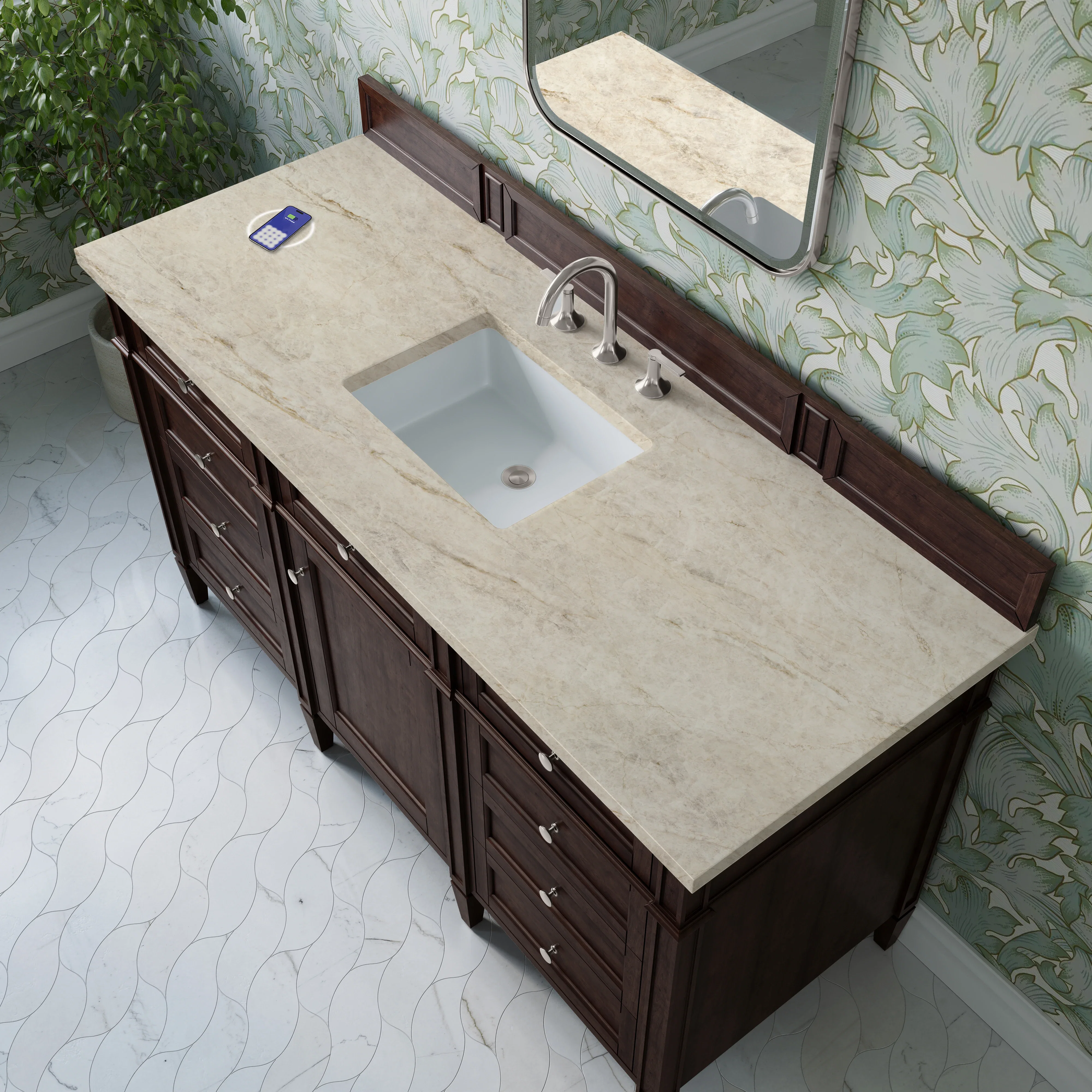 Brittany 60" Single Vanity, Burnished Mahogany, w/ 3 CM Tajnar Eclos Top w/FreePower Wireless Charger