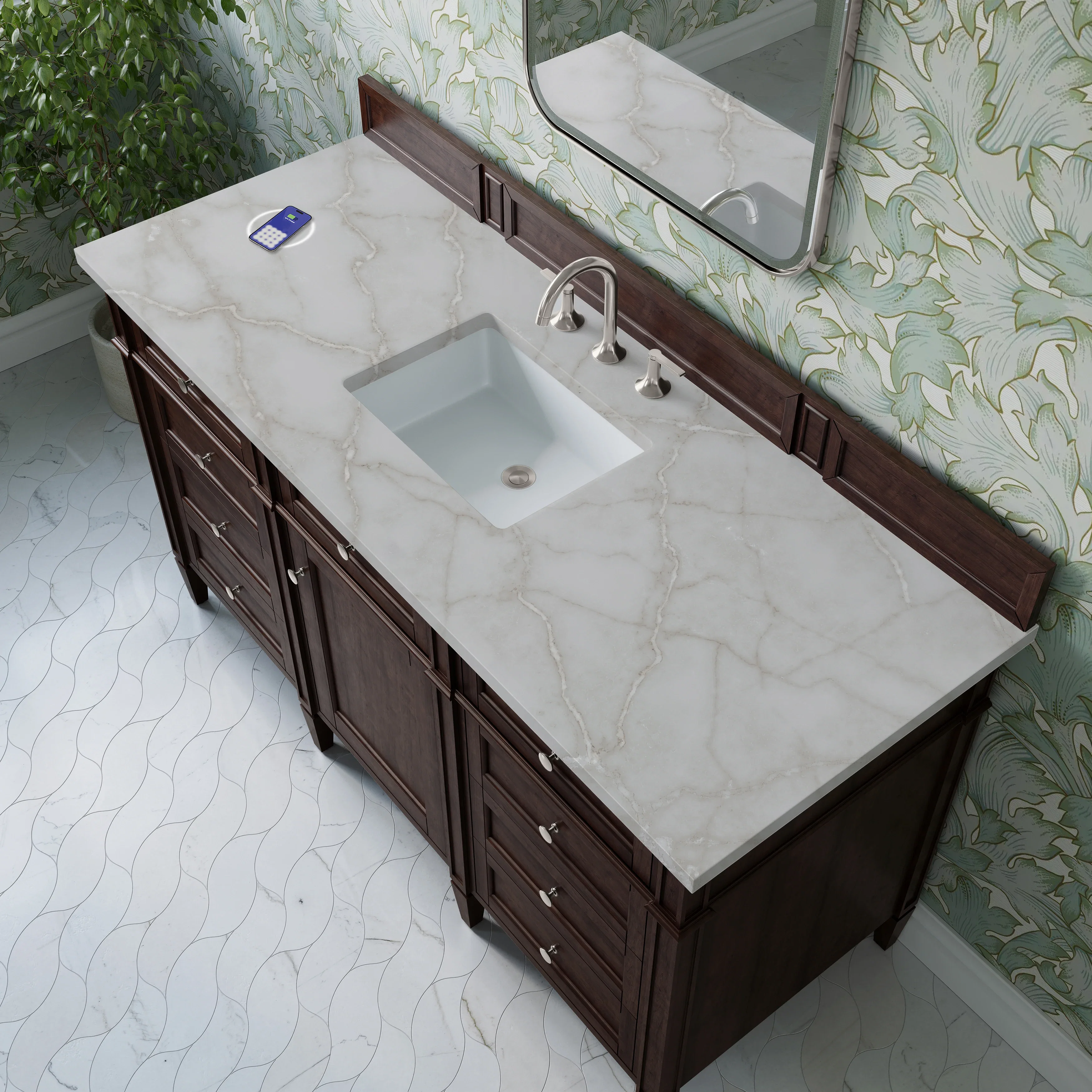 Brittany 60" Single Vanity, Burnished Mahogany w/ 3 CM Victorian Silver Silestone Top w/FreePower Wireless Charger