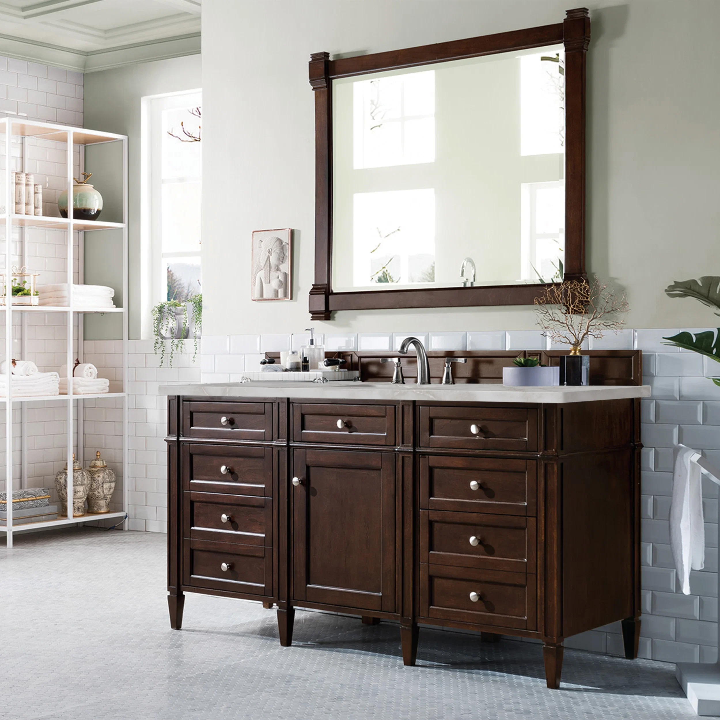 Brittany 60" Single Vanity, Burnished Mahogany w/ 3 CM Victorian Silver Silestone Top w/FreePower Wireless Charger