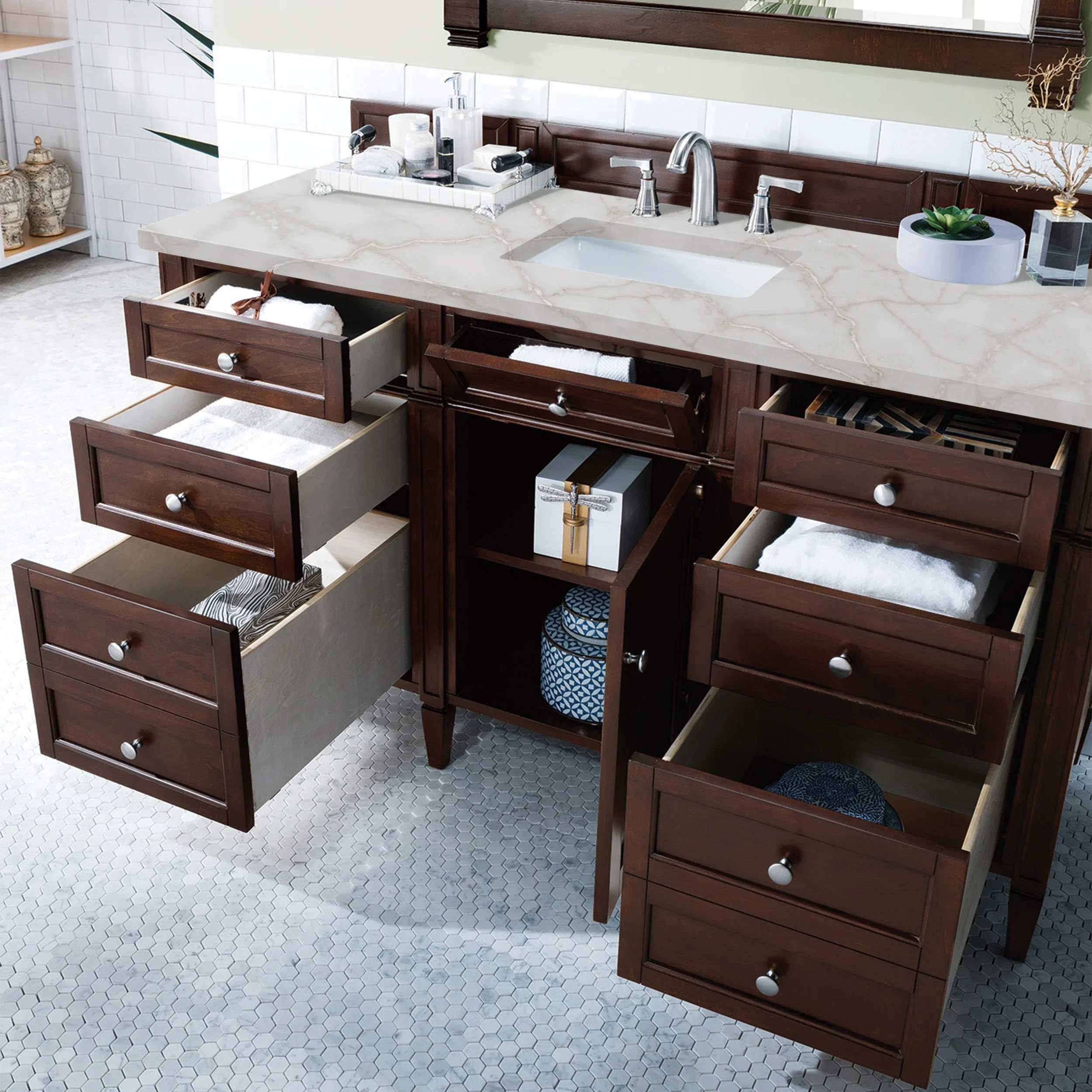 Brittany 60" Single Vanity, Burnished Mahogany w/ 3 CM Victorian Silver Silestone Top w/FreePower Wireless Charger