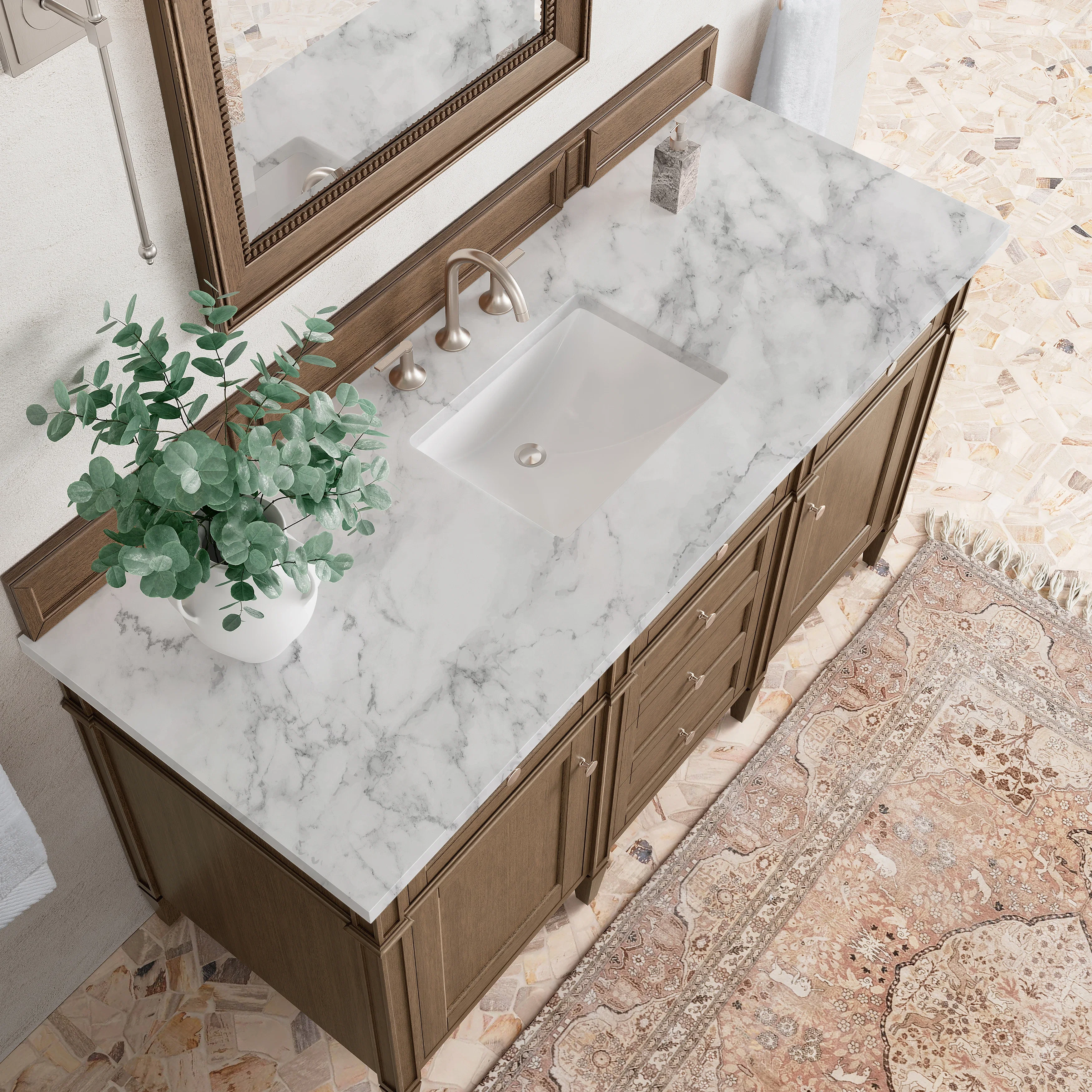 Brittany 60" Single Vanity, Saddle Brown w/ 3 CM Carrara Marble Top