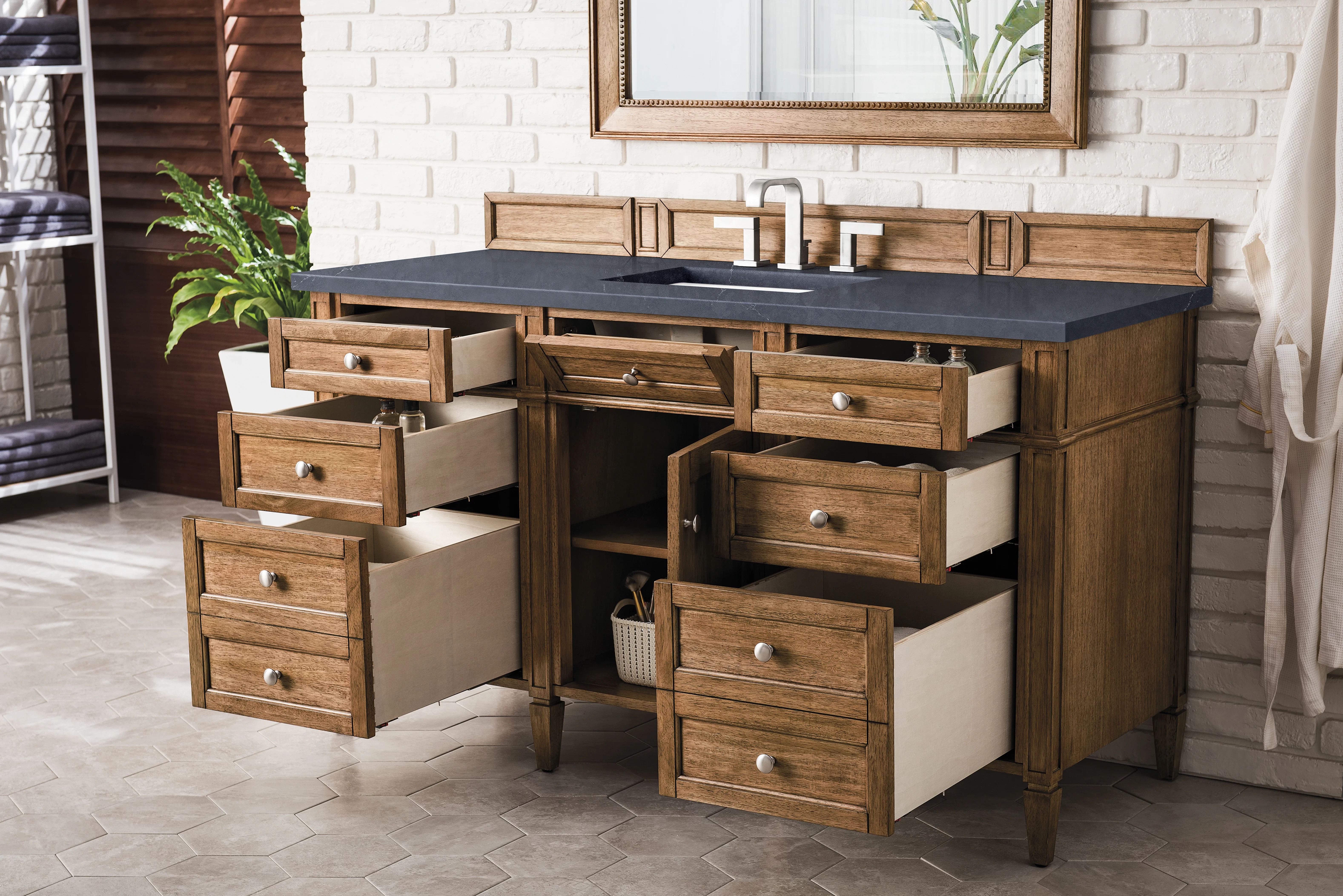 Brittany 60" Single Vanity, Saddle Brown w/ 3 CM Charcoal Soapstone Silestone Top