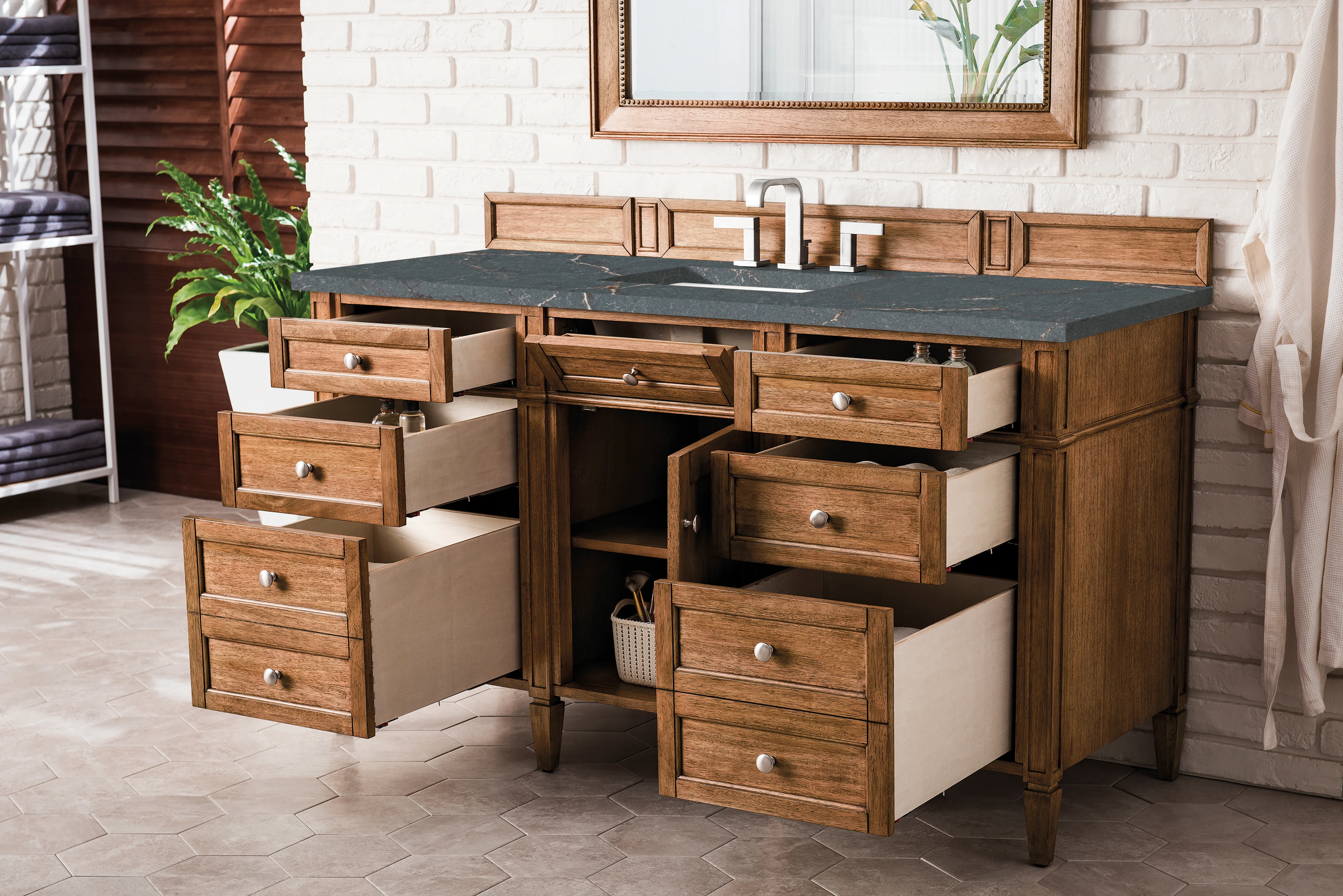 Brittany 60" Single Vanity, Saddle Brown w/ 3 CM Parisien Bleu Silestone Top