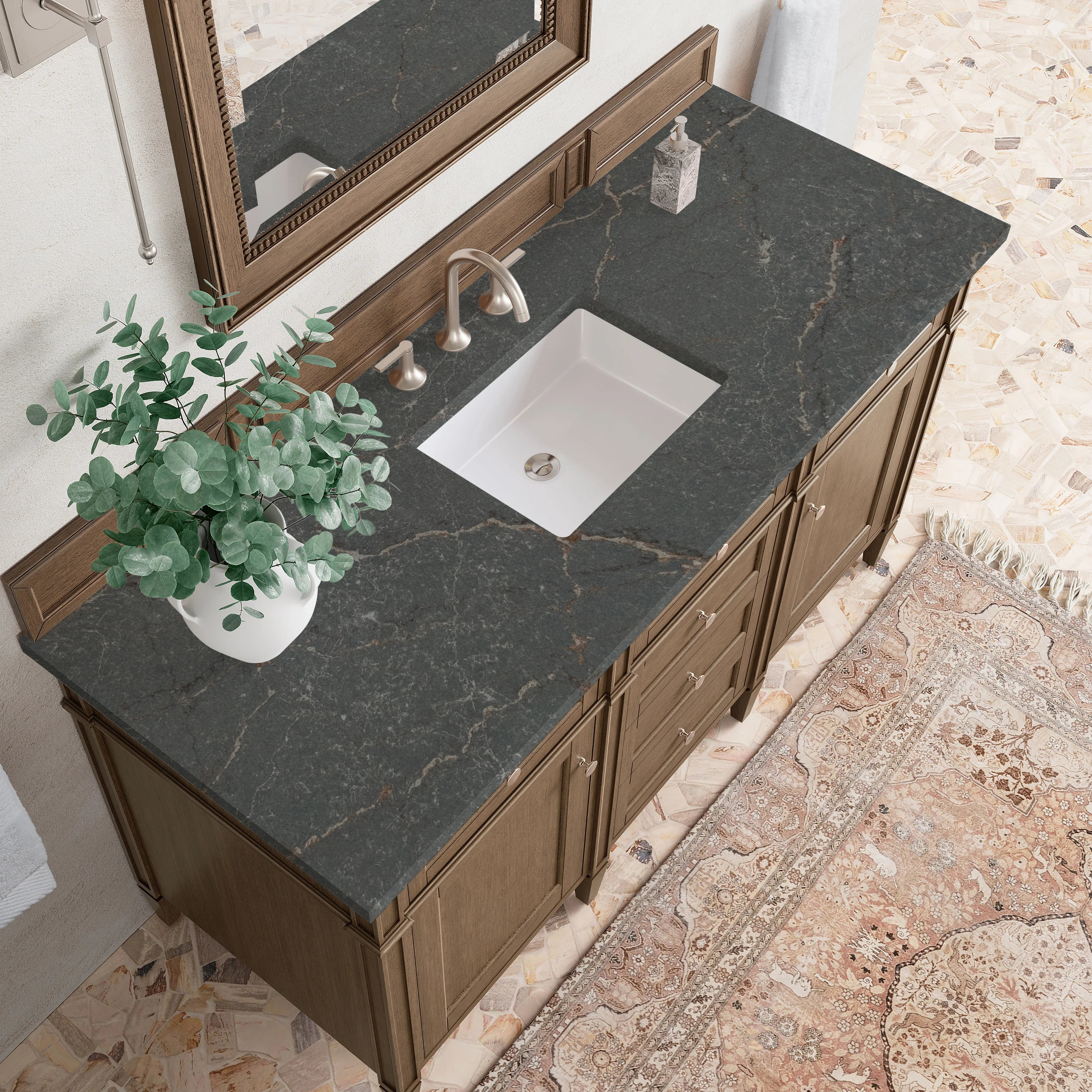 Brittany 60" Single Vanity, Saddle Brown w/ 3 CM Parisien Bleu Silestone Top