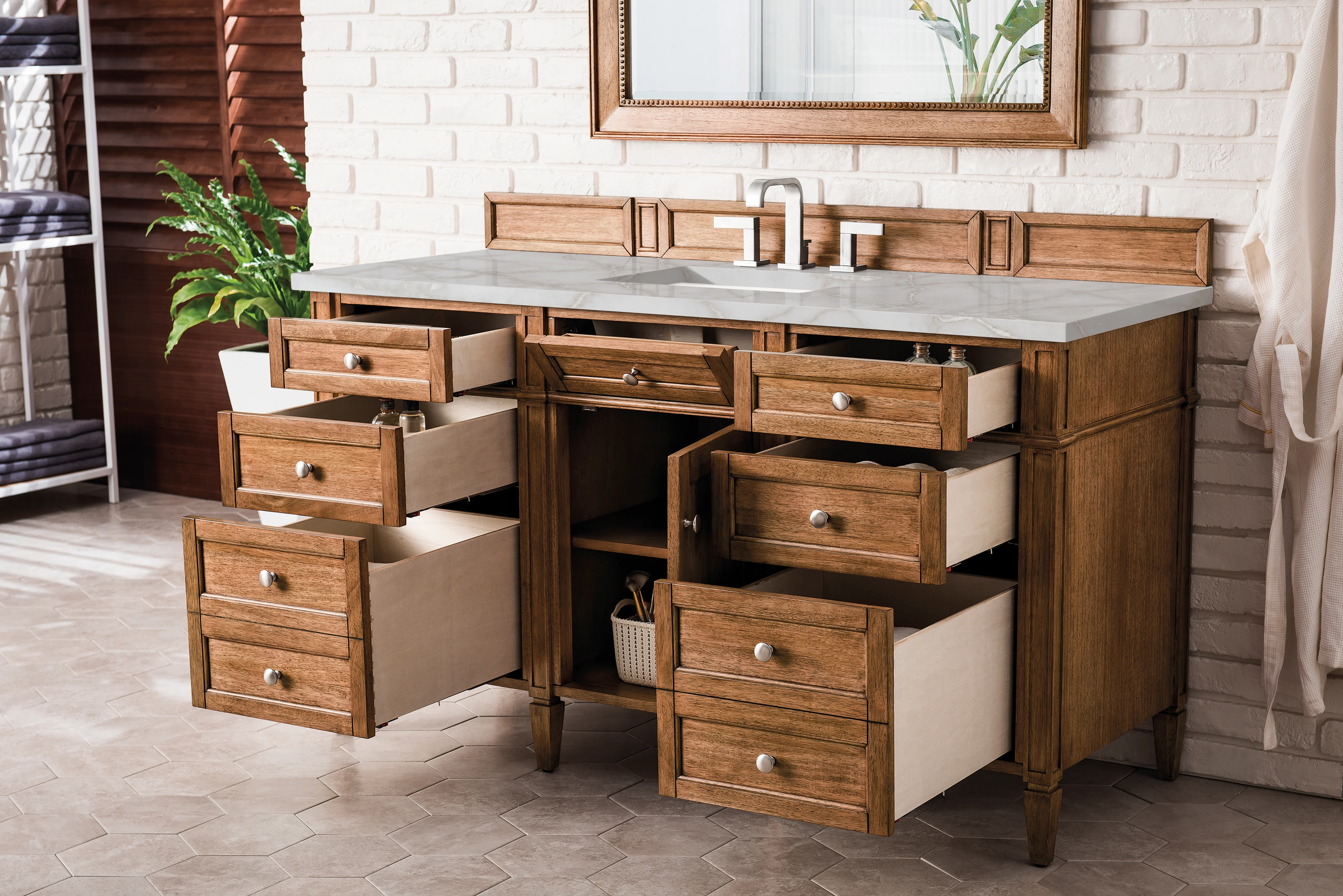 Brittany 60" Single Vanity, Saddle Brown w/ 3 CM Victorian Silver Silestone Top