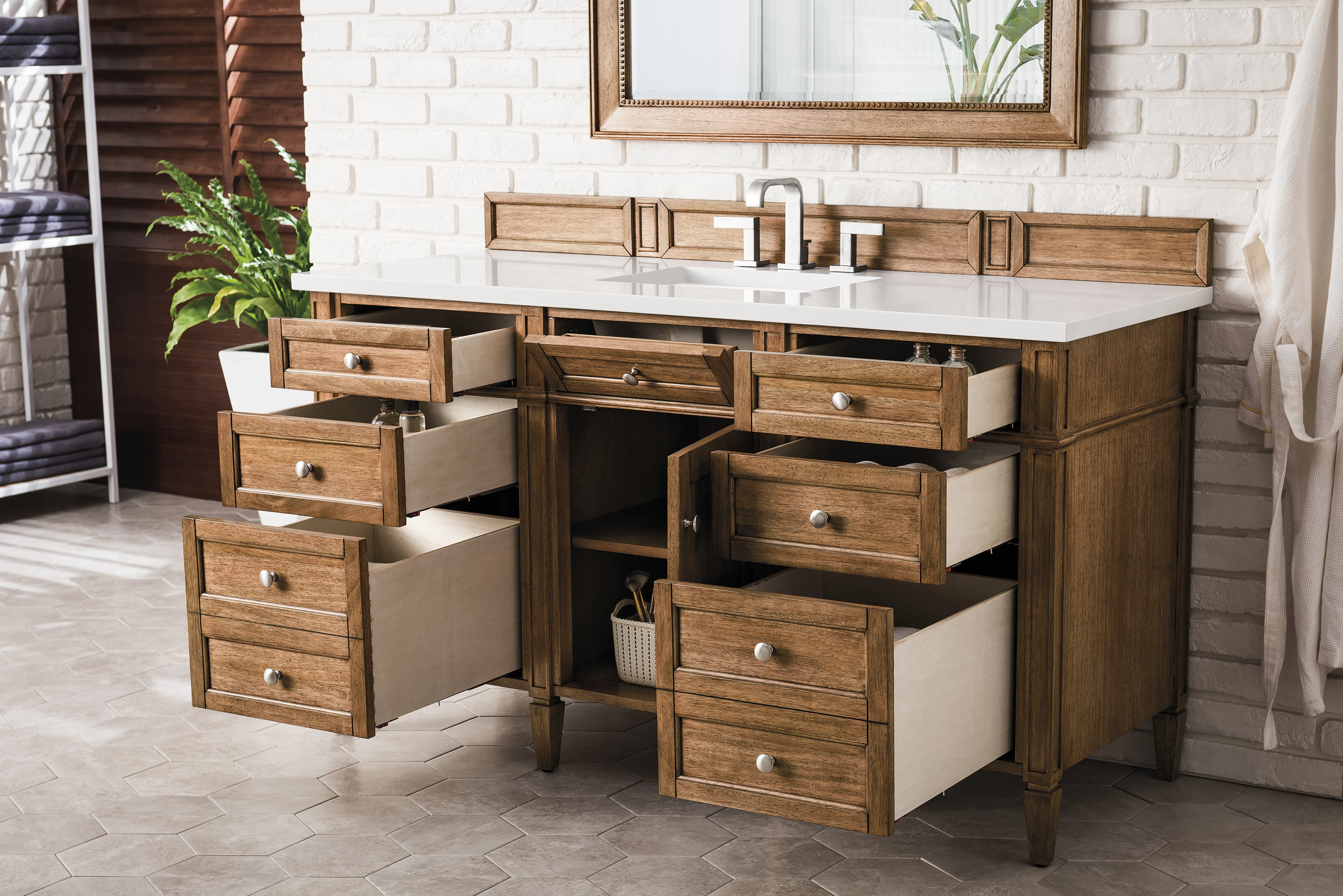 Brittany 60" Single Vanity, Saddle Brown w/ 3 CM White Zeus Silestone Top