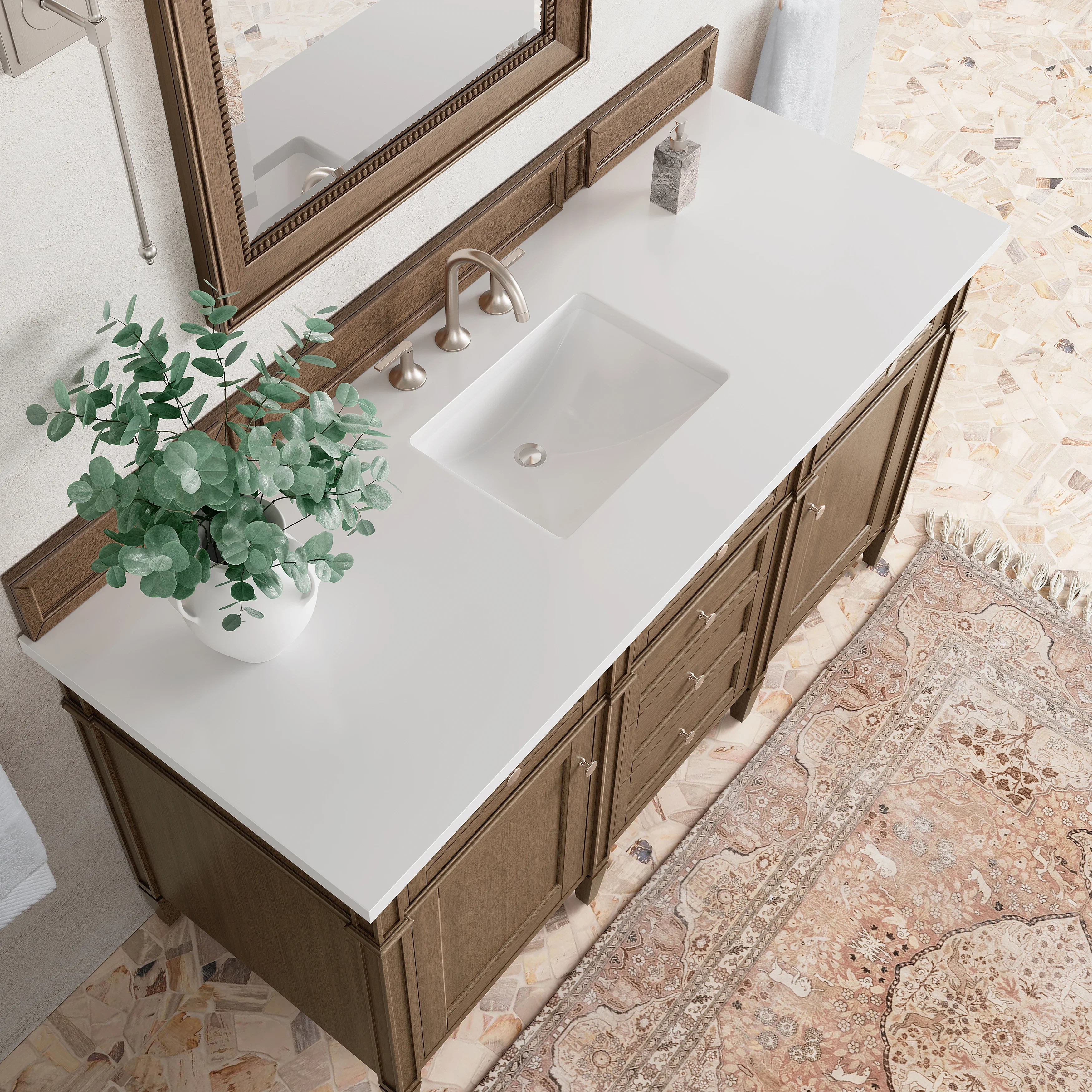 Brittany 60" Single Vanity, Saddle Brown w/ 3 CM White Zeus Silestone Top