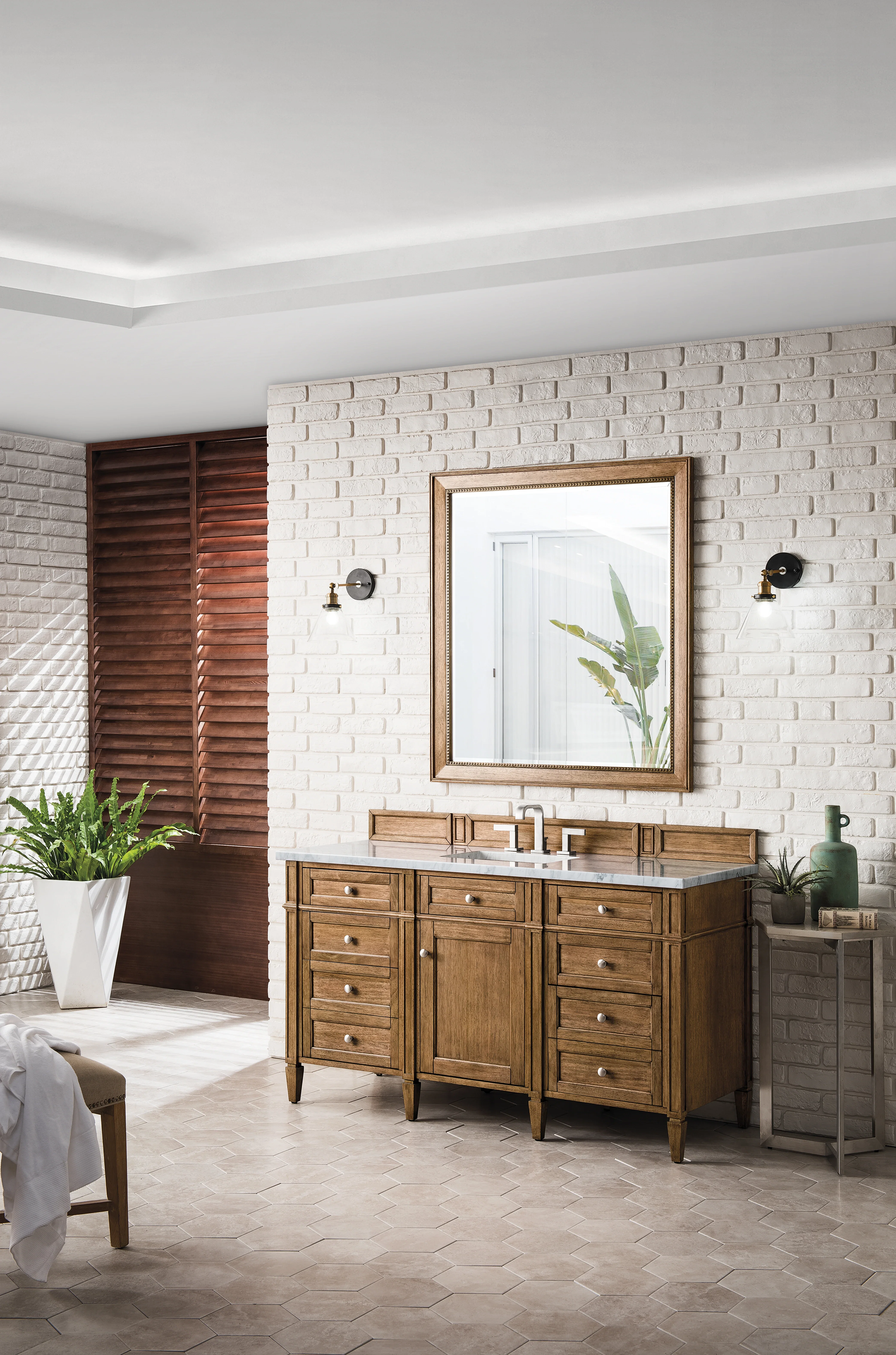 Brittany 60" Single Vanity, Saddle Brown w/ 3 CM Eternal Jasmine Pearl Silestone Top w/FreePower Wireless Charger