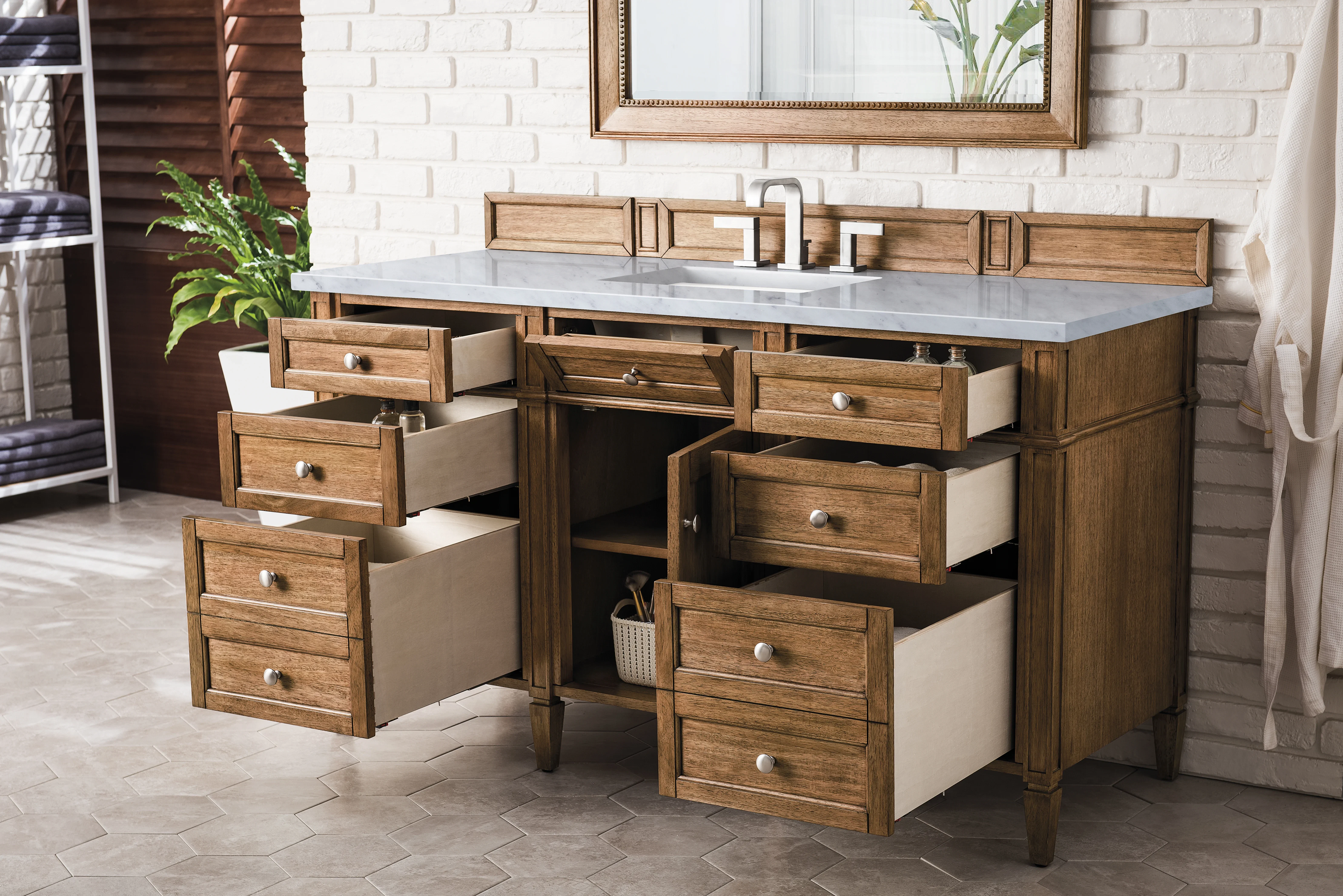 Brittany 60" Single Vanity, Saddle Brown w/ 3 CM Eternal Jasmine Pearl Silestone Top w/FreePower Wireless Charger