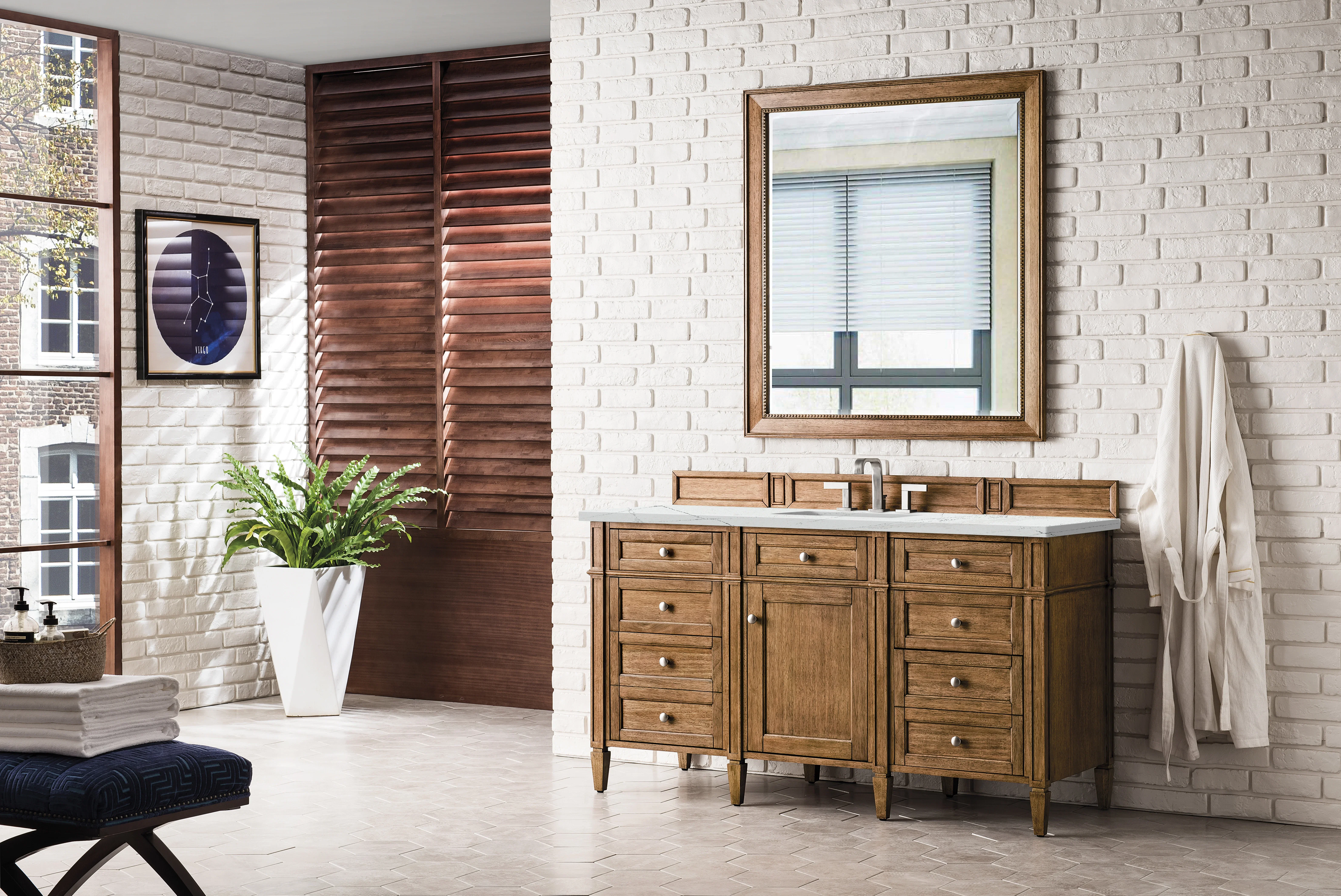 Brittany 60" Single Vanity, Saddle Brown w/ 3 CM Ethereal Noctis Silestone Top w/FreePower Wireless Charger