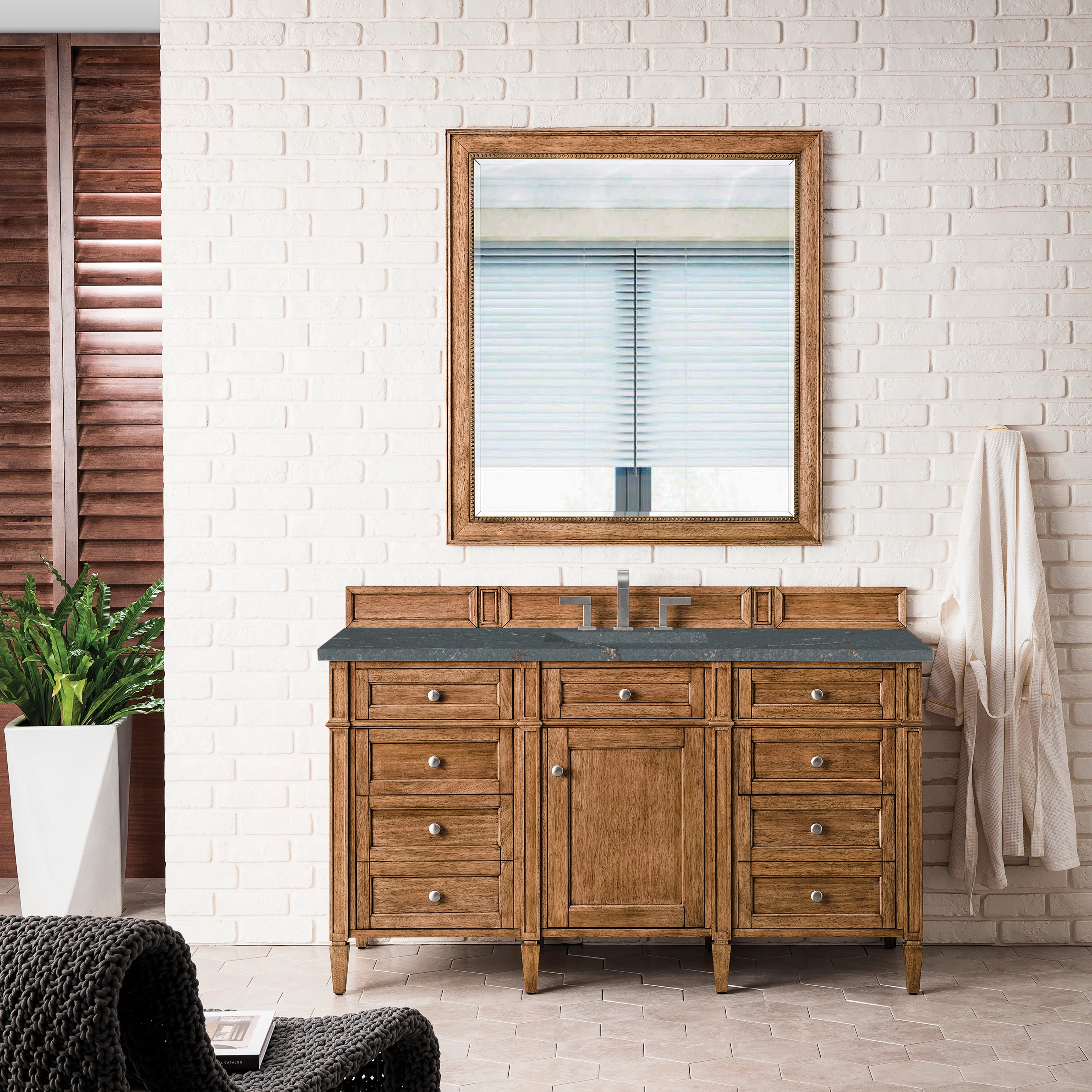 Brittany 60" Single Vanity, Saddle Brown w/ 3 CM Parisien Bleu Silestone Top w/FreePower Wireless Charger
