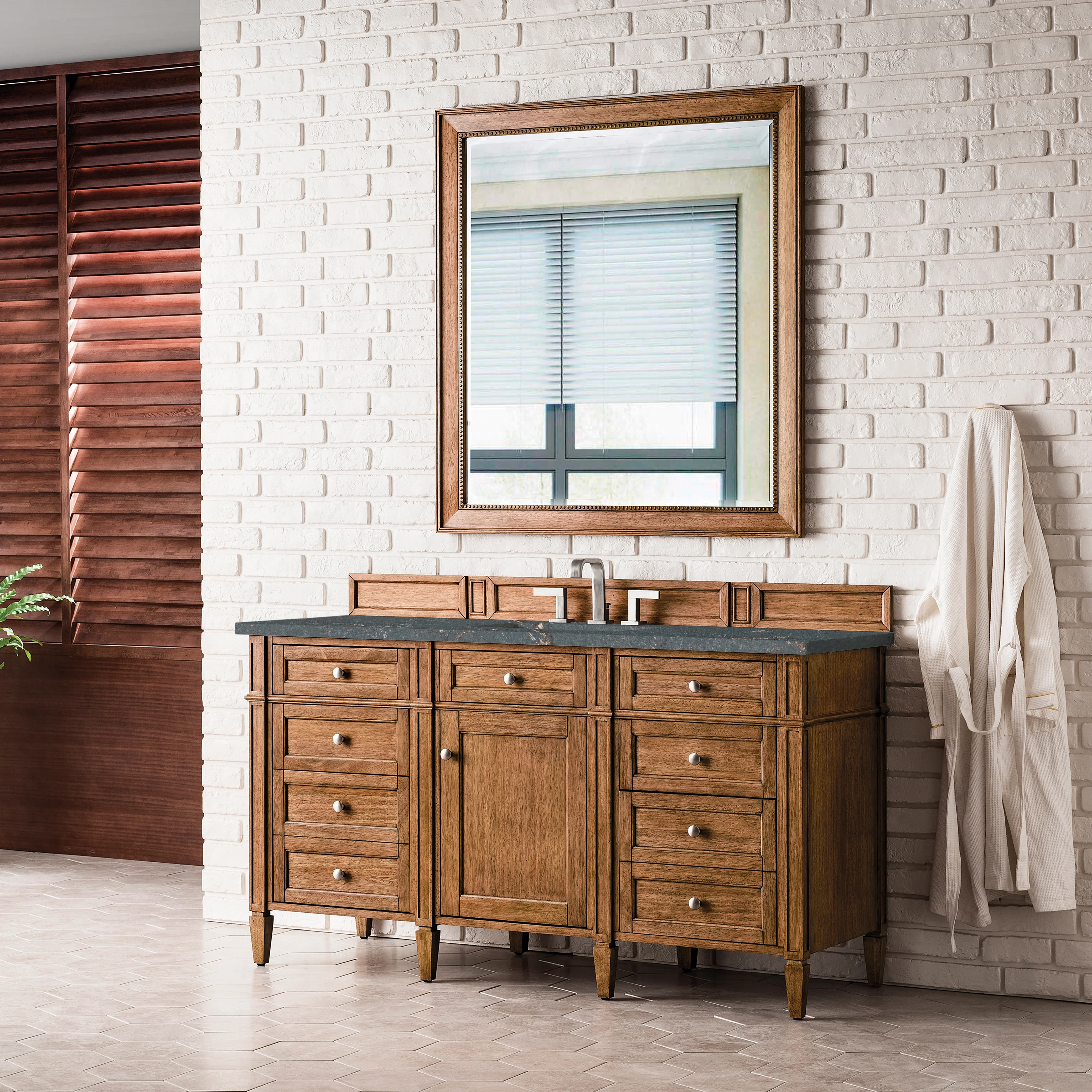 Brittany 60" Single Vanity, Saddle Brown w/ 3 CM Parisien Bleu Silestone Top w/FreePower Wireless Charger