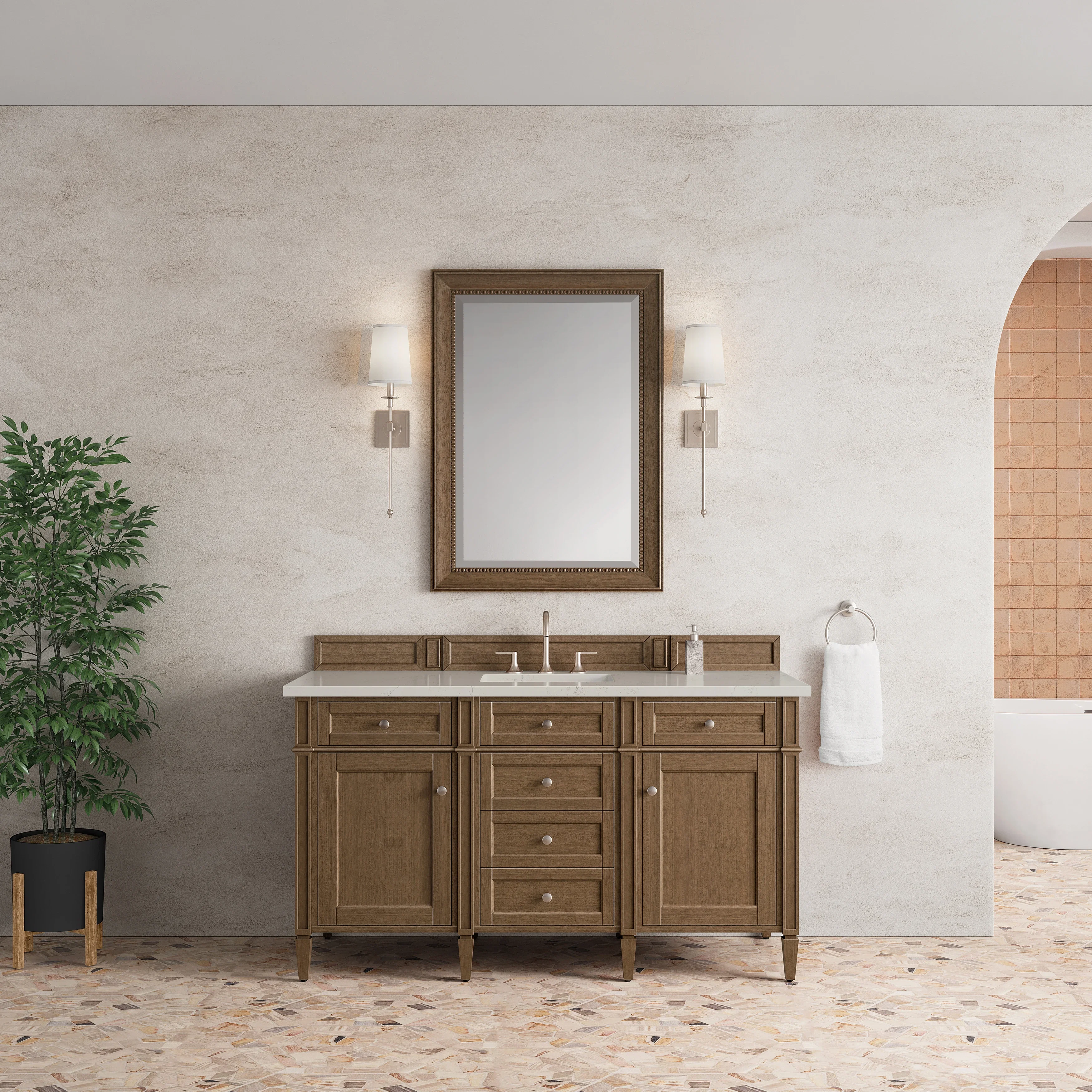 Brittany 60" Single Vanity, Saddle Brown, w/ 3 CM Siberian Silestone Top w/FreePower Wireless Charger