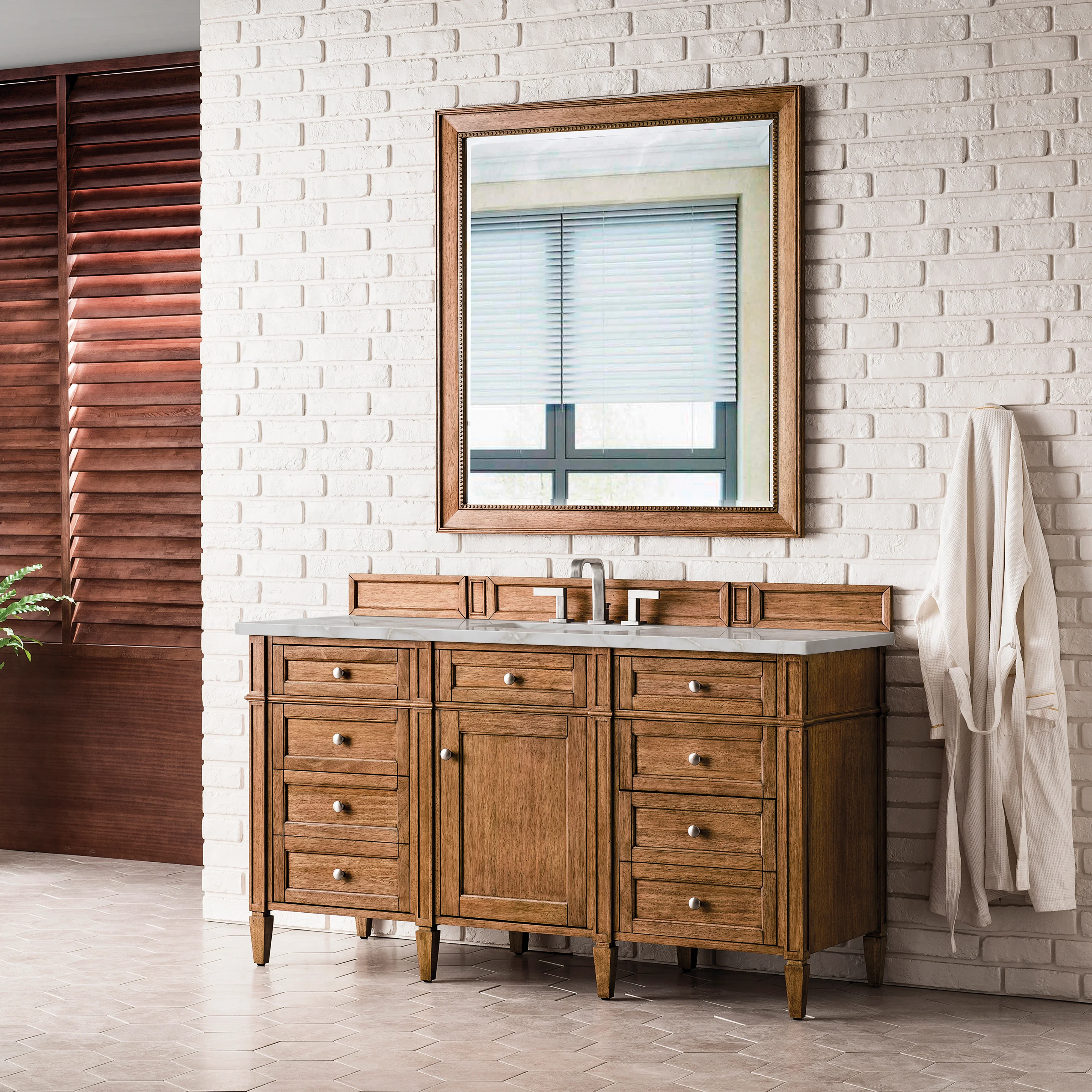 Brittany 60" Single Vanity, Saddle Brown w/ 3 CM Victorian Silver Silestone Top w/FreePower Wireless Charger