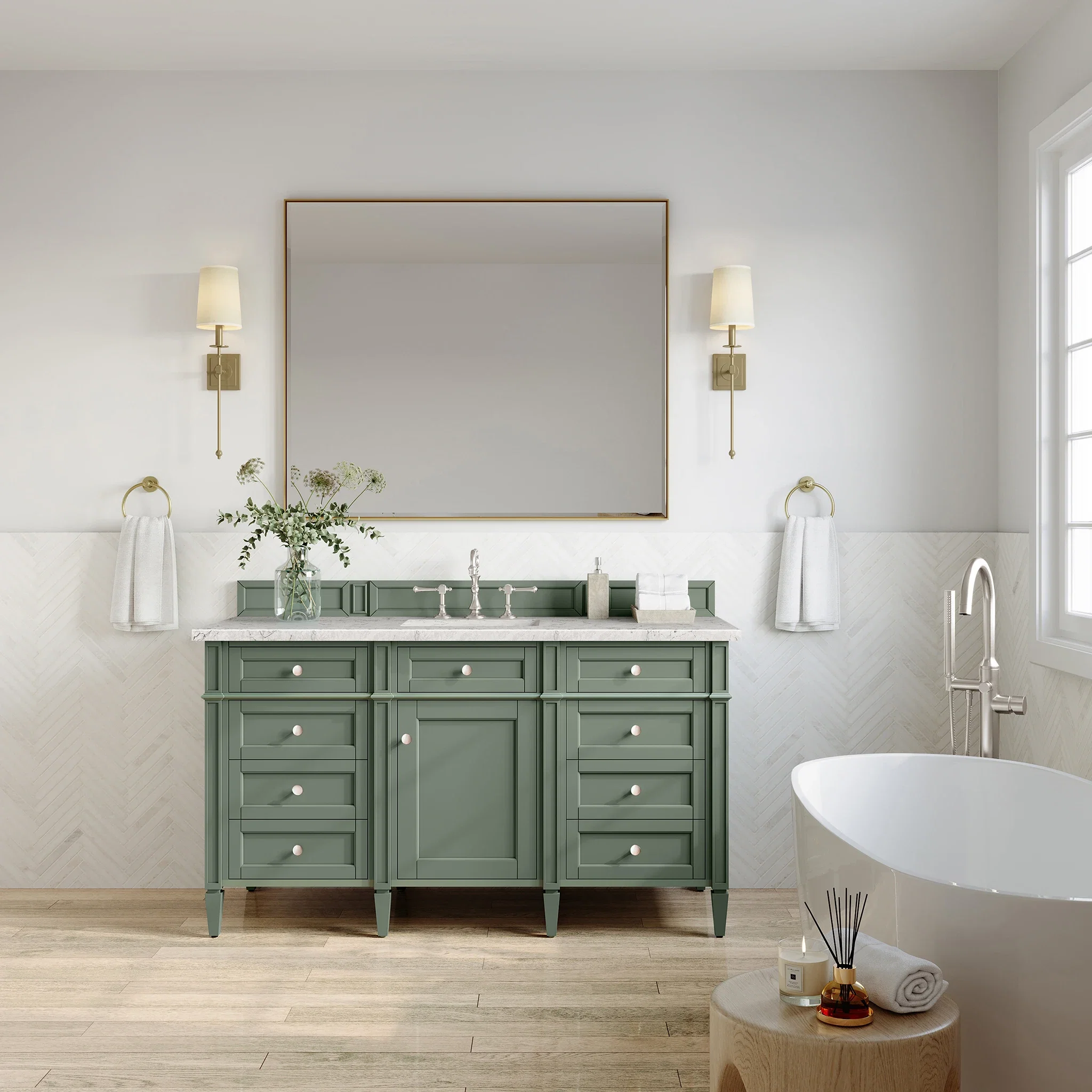 Brittany 60" Single Vanity, Smokey Celadon w/ 3 CM Eternal Jasmine Pearl Top w/FreePower Wireless Charger