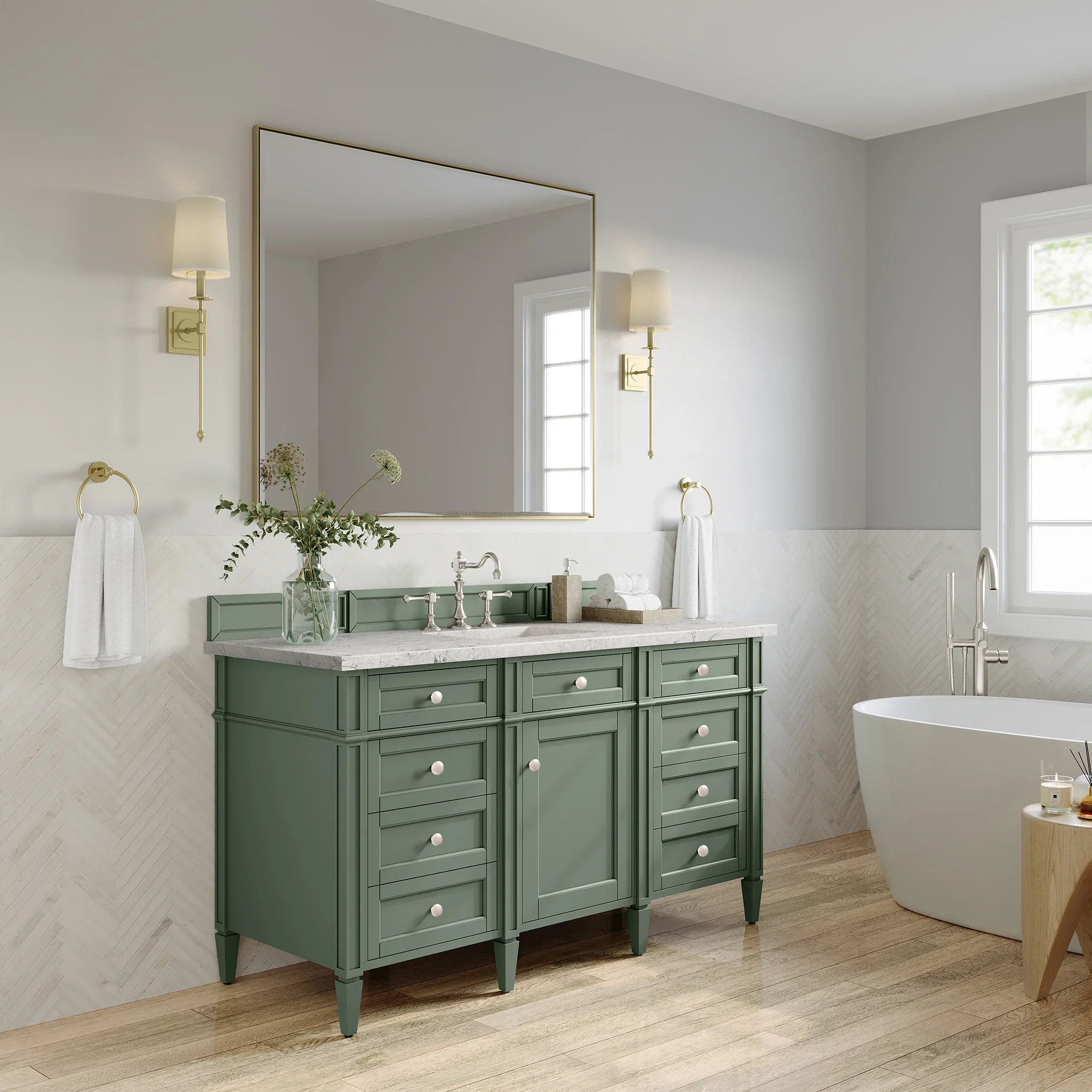 Brittany 60" Single Vanity, Smokey Celadon w/ 3 CM Eternal Jasmine Pearl Top w/FreePower Wireless Charger