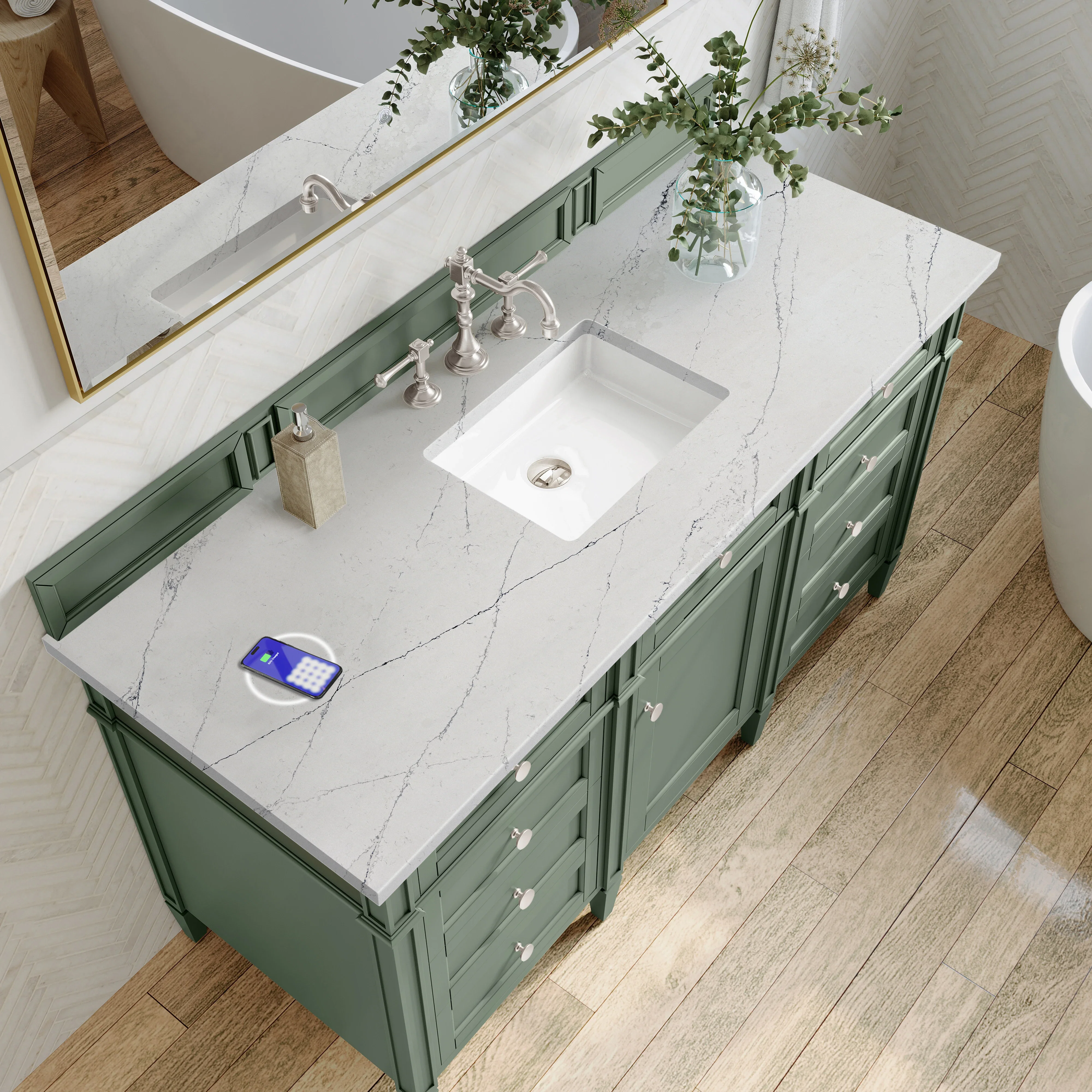 Brittany 60" Single Vanity, Smokey Celadon w/ 3 CM Ethereal Noctis Top w/FreePower Wireless Charger