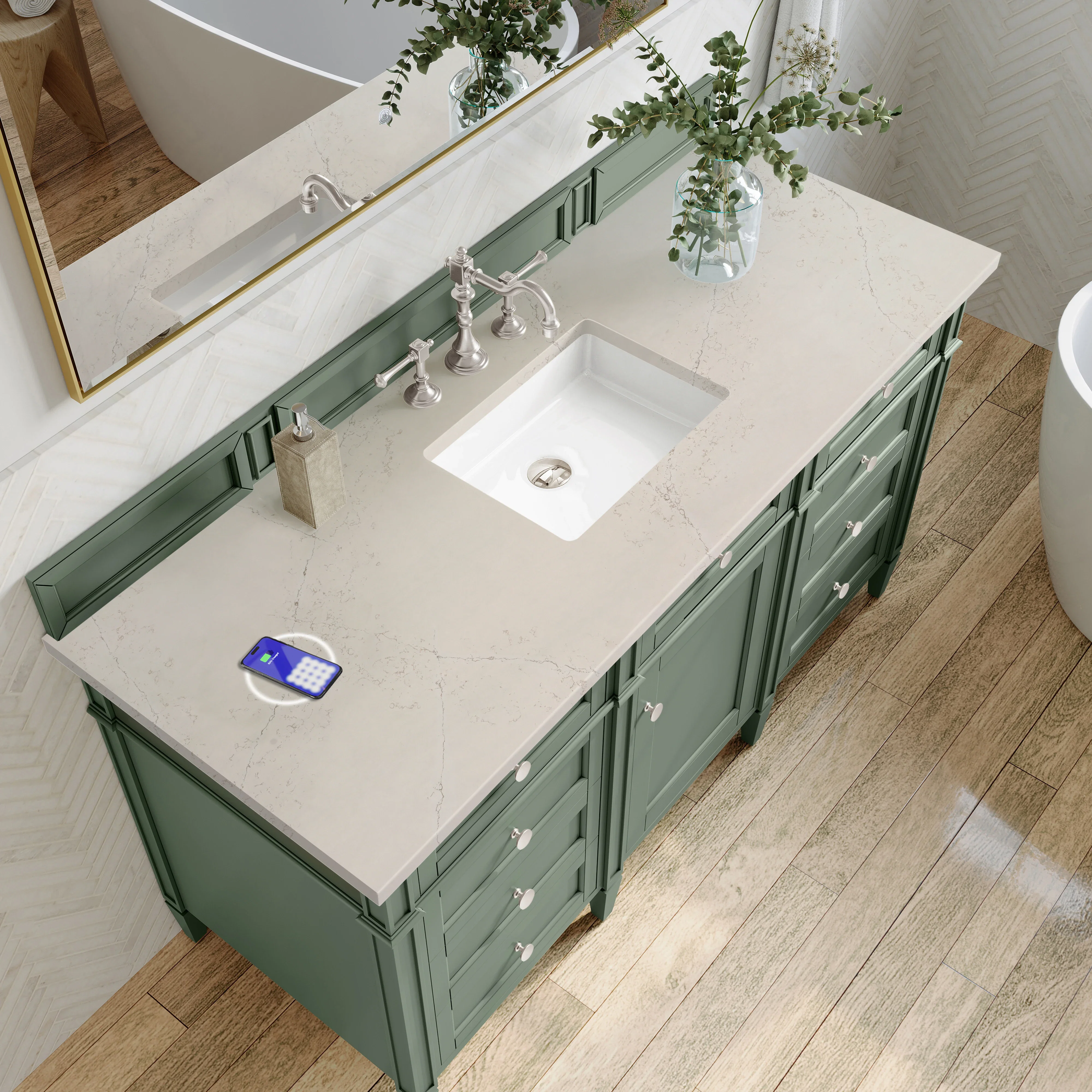 Brittany 60" Single Vanity, Smokey Celadon, w/ 3 CM Siberian Silestone Top w/FreePower Wireless Charger