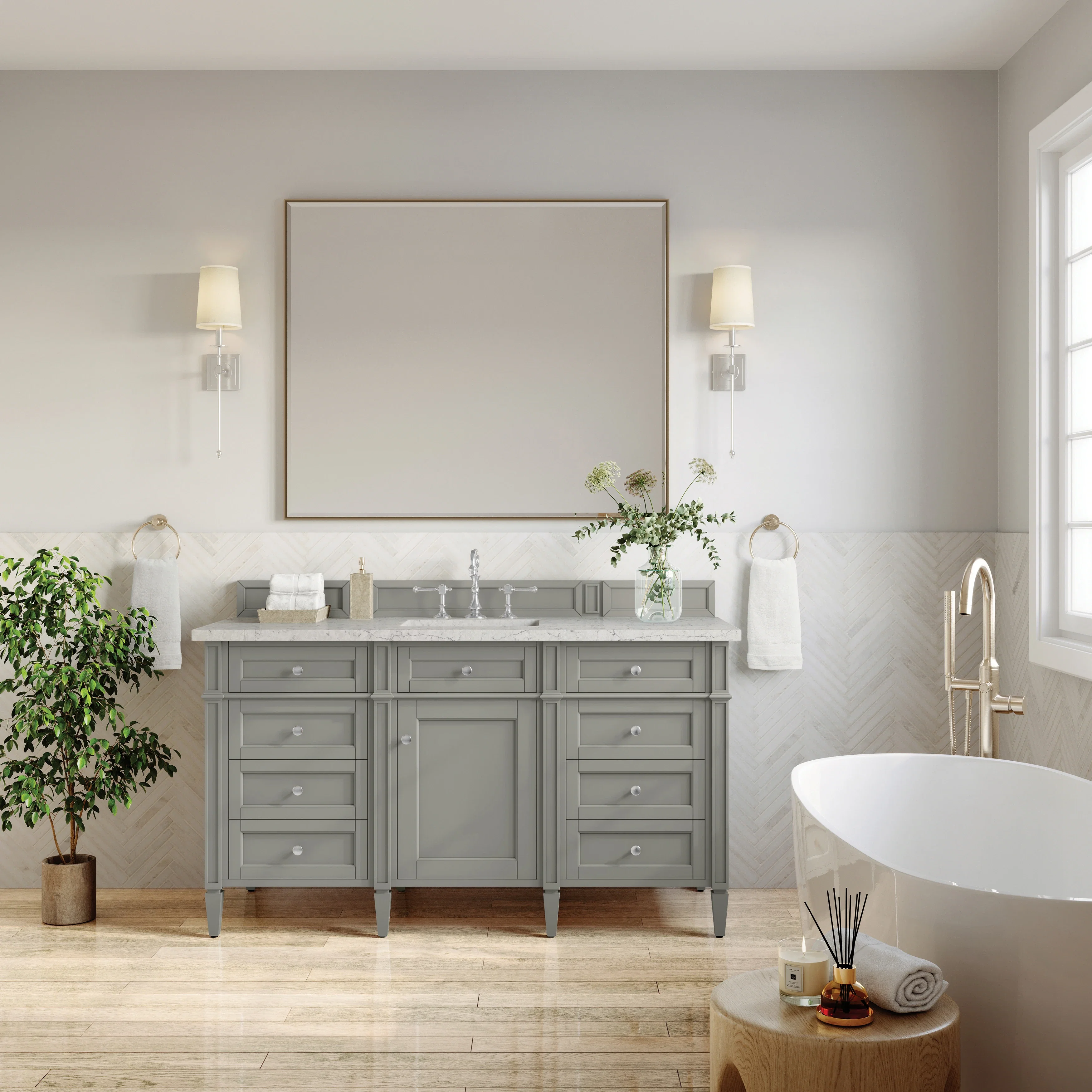 Brittany 60" Single Vanity, Urban Gray w/ 3 CM Eternal Jasmine Pearl Silestone Top
