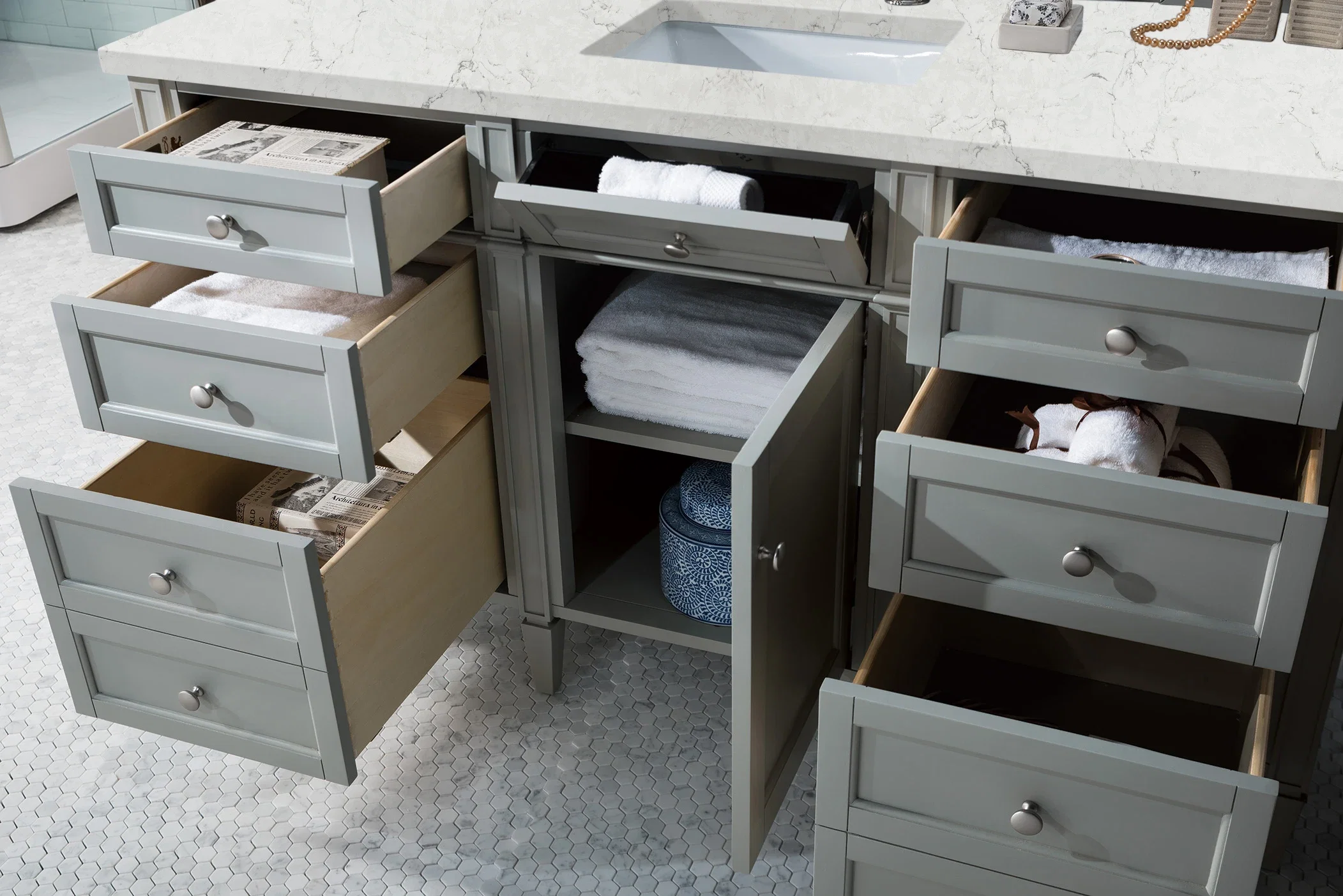 Brittany 60" Single Vanity, Urban Gray w/ 3 CM Eternal Jasmine Pearl Silestone Top