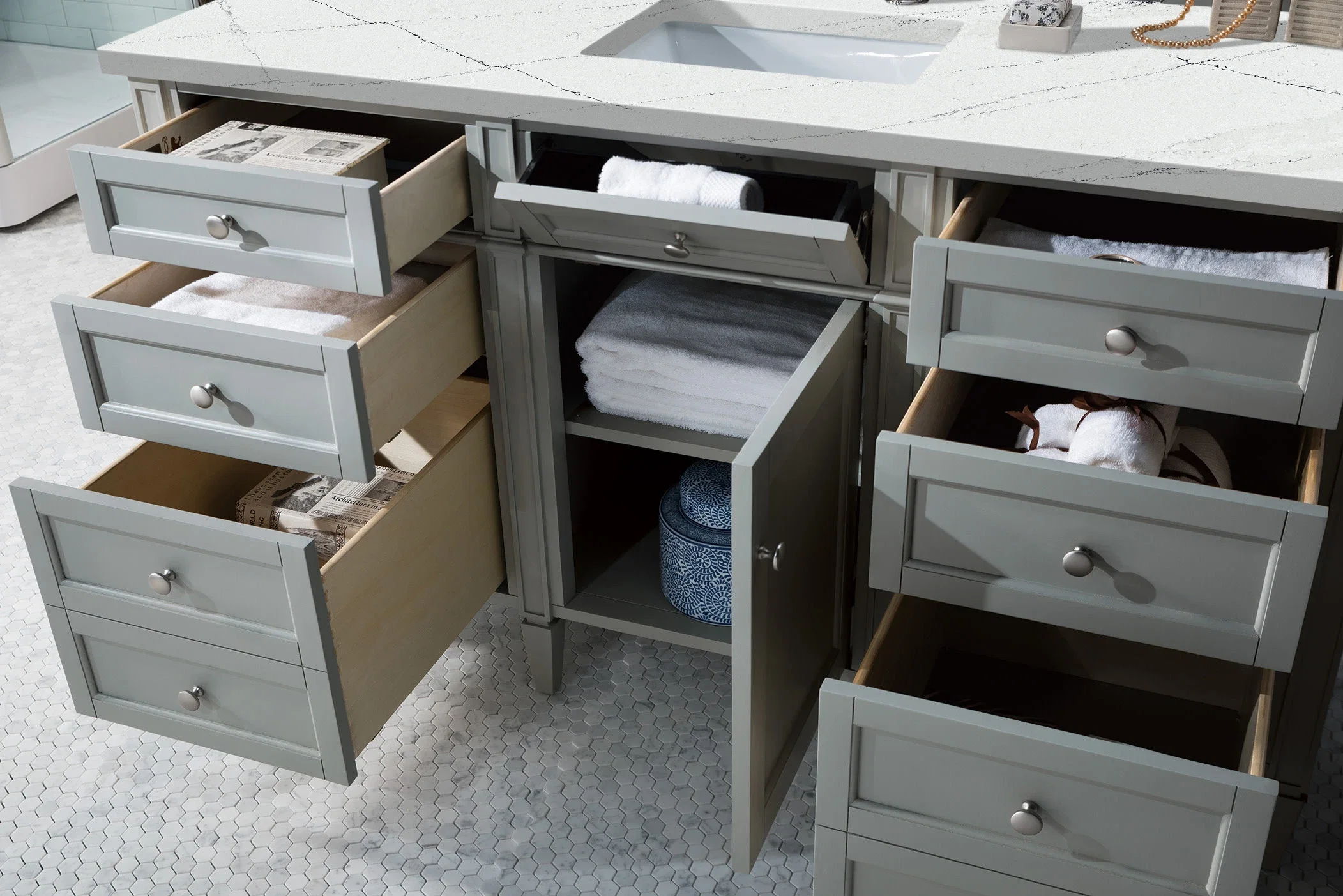 Brittany 60" Single Vanity, Urban Gray w/ 3 CM Ethereal Noctis Silestone Top