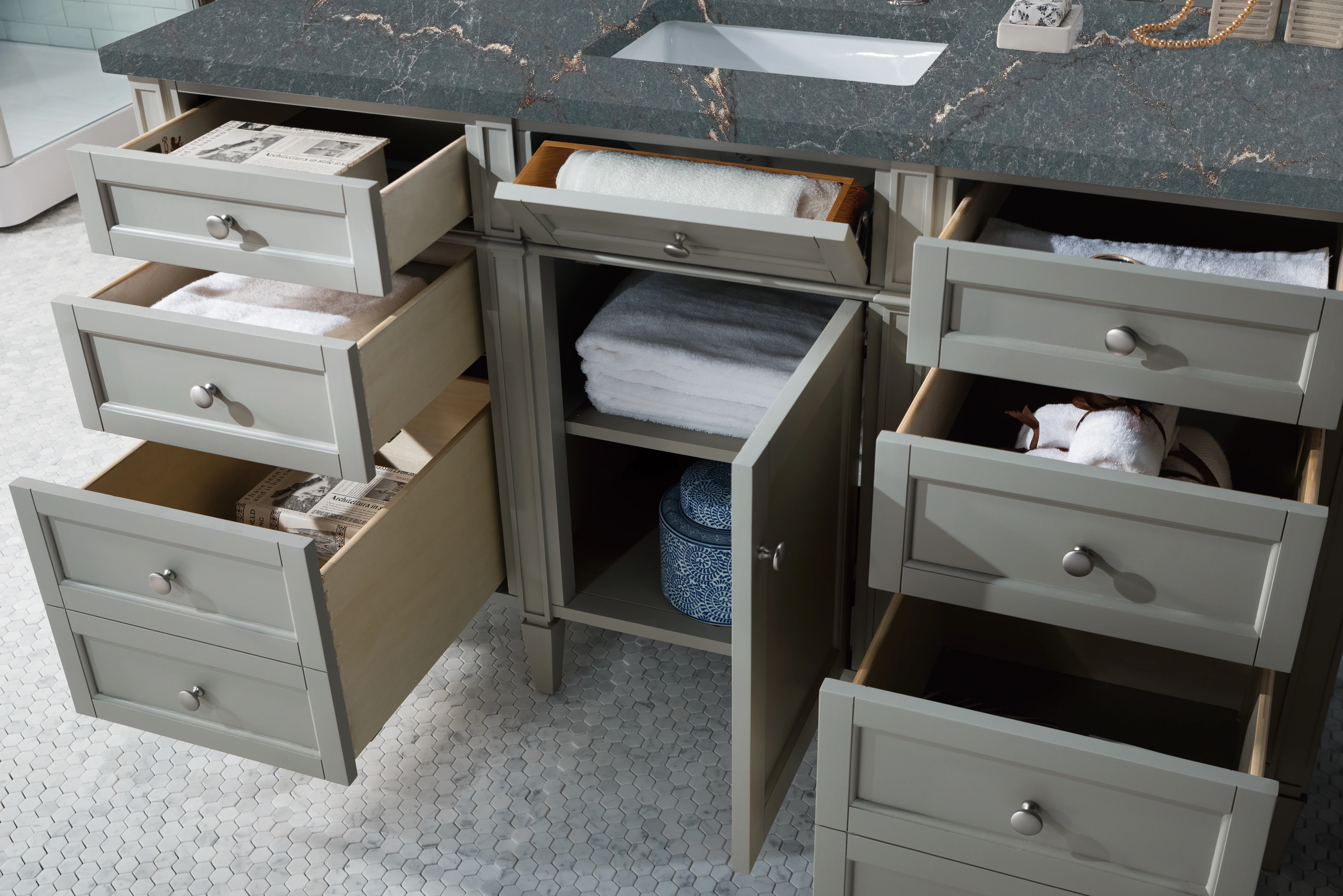 Brittany 60" Single Vanity, Urban Gray w/ 3 CM Parisien Bleu Silestone Top