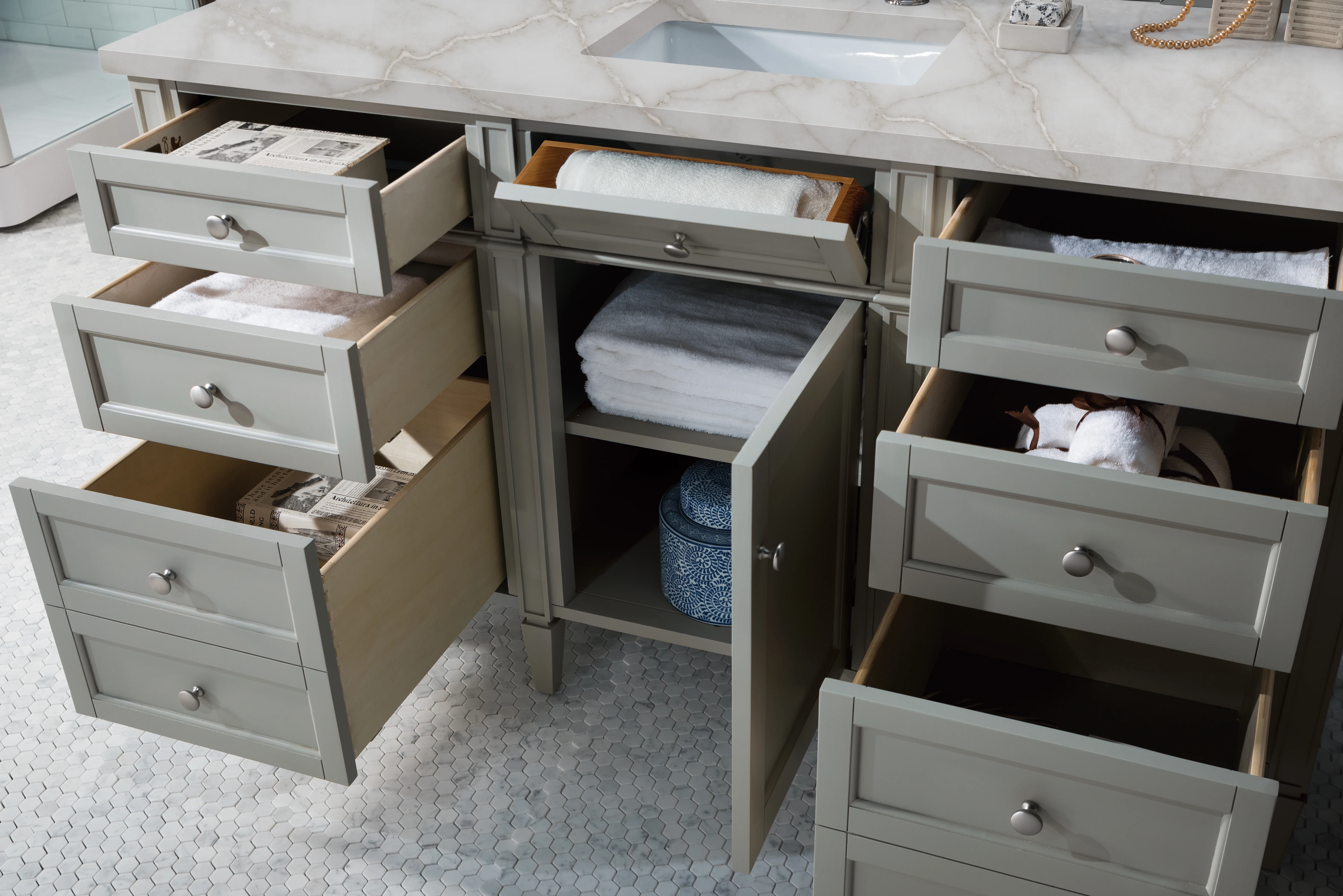 Brittany 60" Single Vanity, Urban Gray w/ 3 CM Victorian Silver Silestone Top