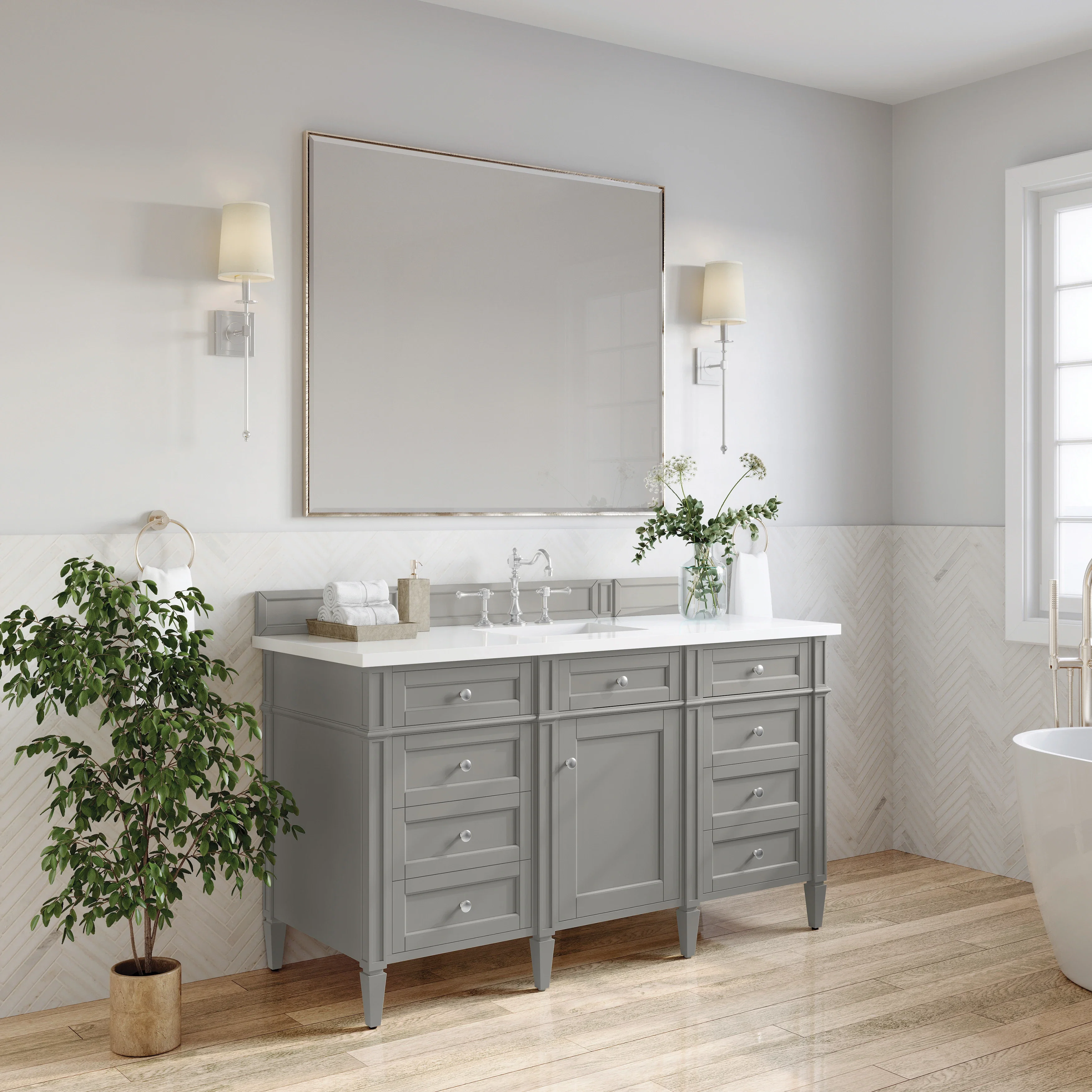 Brittany 60" Single Vanity, Urban Gray w/ 3 CM White Zeus Silestone Top