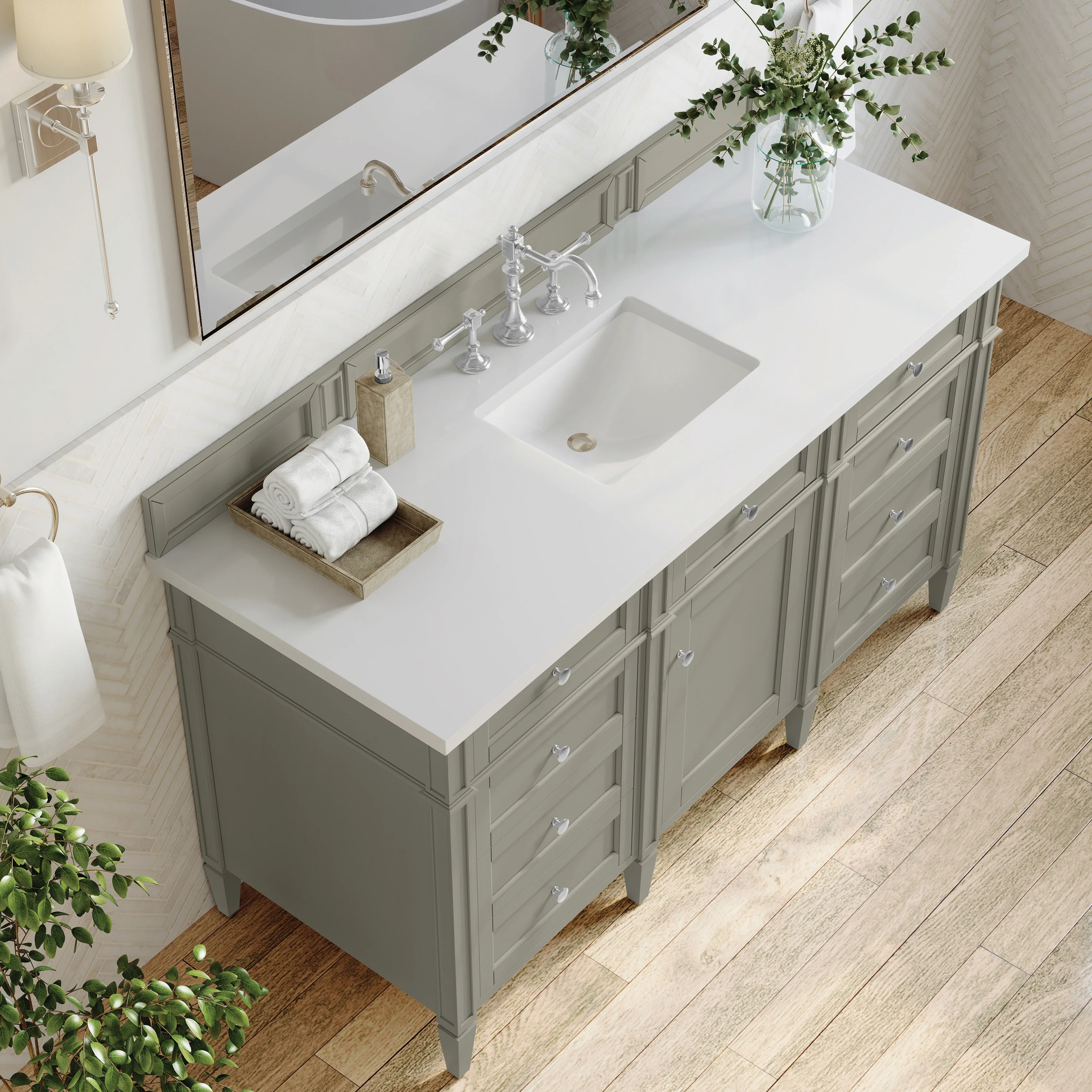 Brittany 60" Single Vanity, Urban Gray w/ 3 CM White Zeus Silestone Top