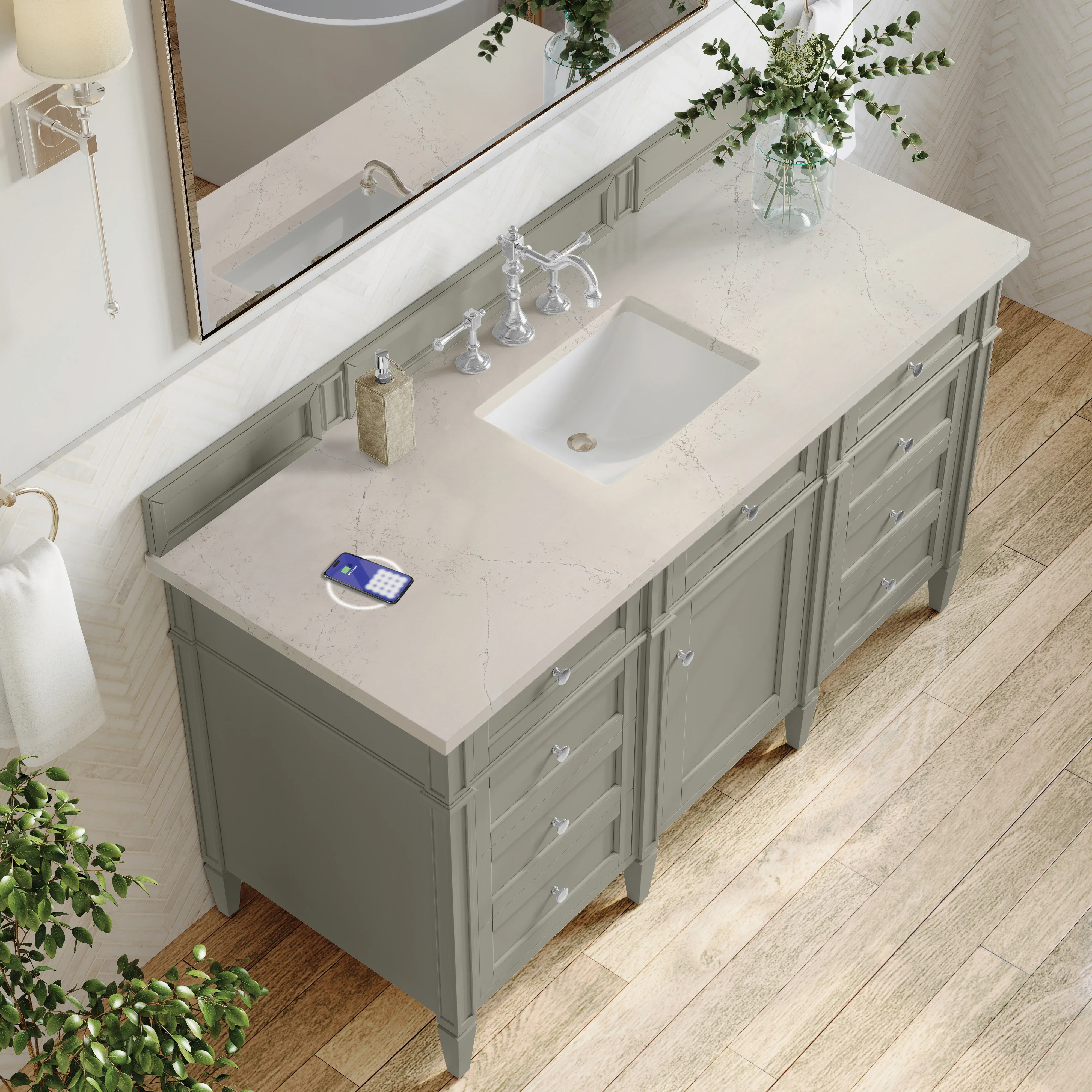 Brittany 60" Single Vanity, Urban Gray, w/ 3 CM Siberian Silestone Top w/FreePower Wireless Charger