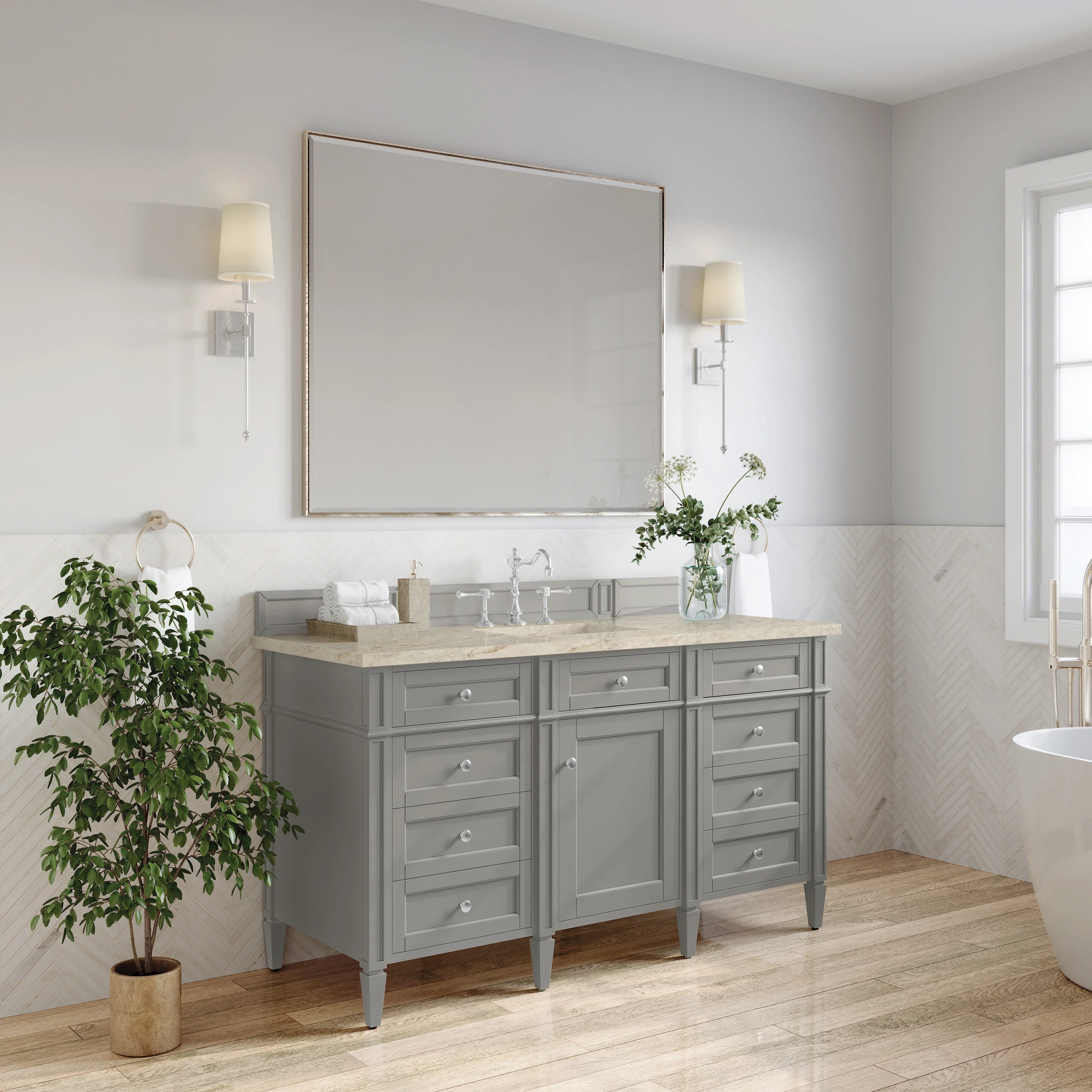 Brittany 60" Single Vanity, Urban Gray, w/ 3 CM Tajnar Eclos Top w/FreePower Wireless Charger