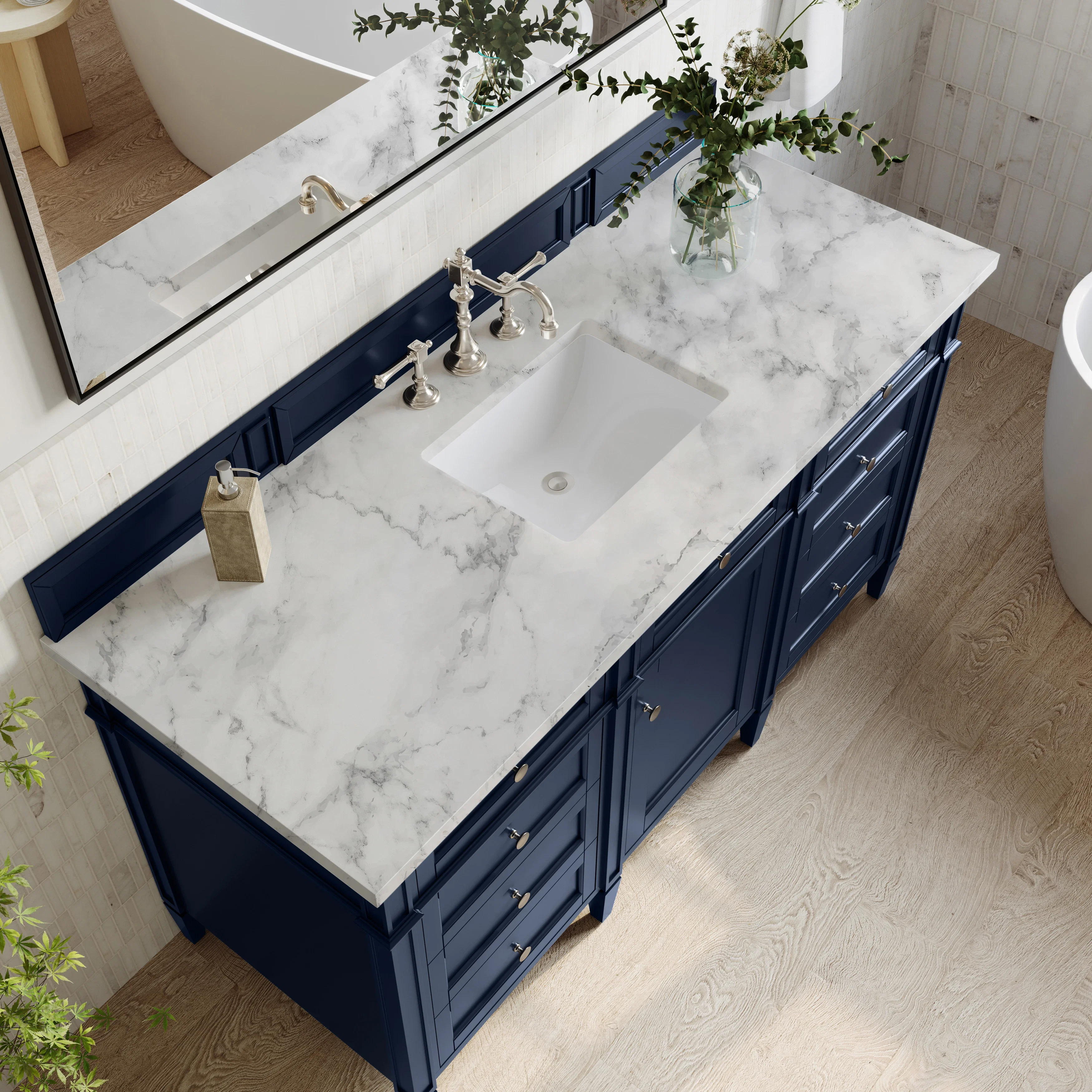 Brittany 60" Single Vanity, Victory Blue w/ 3 CM Carrara Marble Top