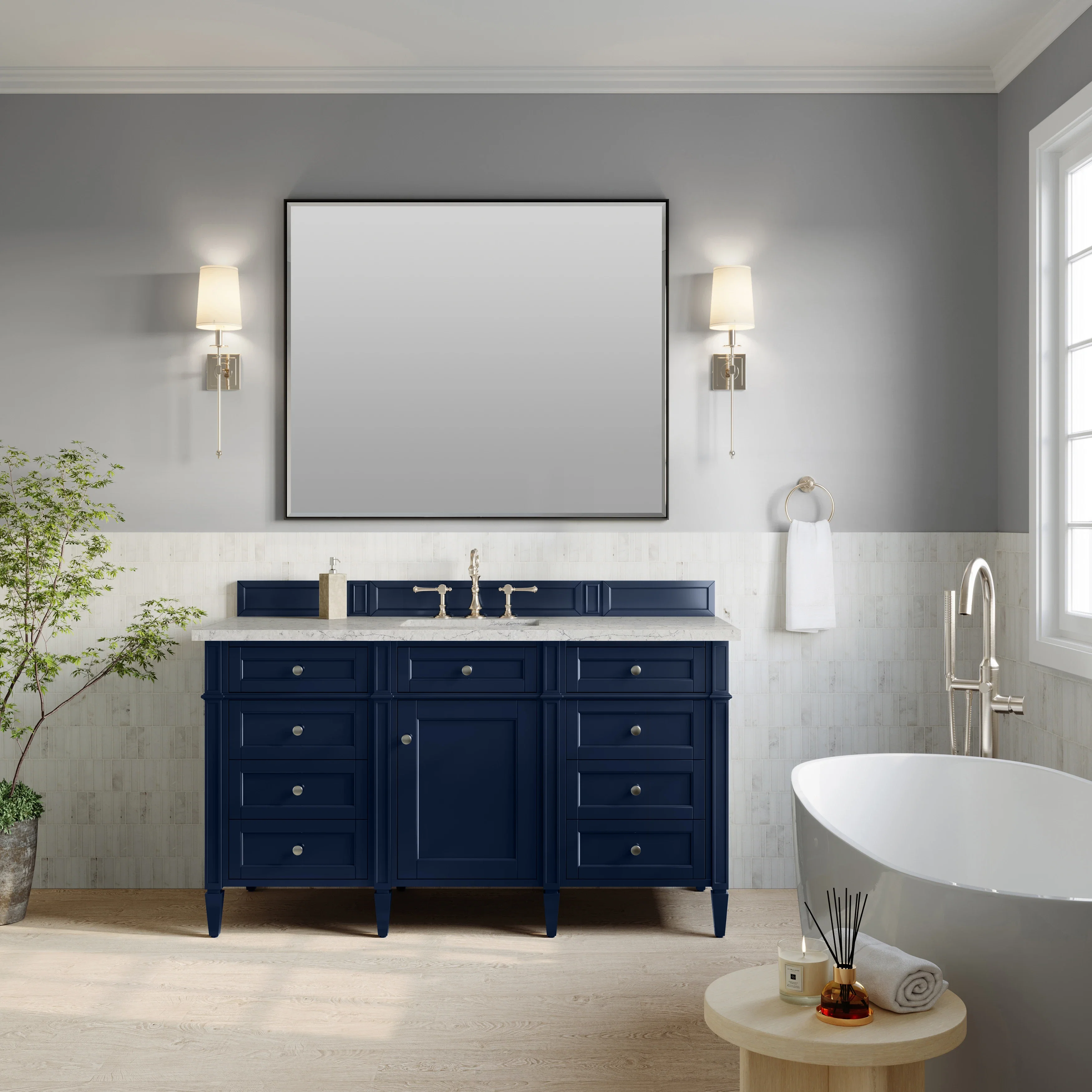Brittany 60" Single Vanity, Victory Blue w/ 3 CM Eternal Jasmine Pearl Silestone Top