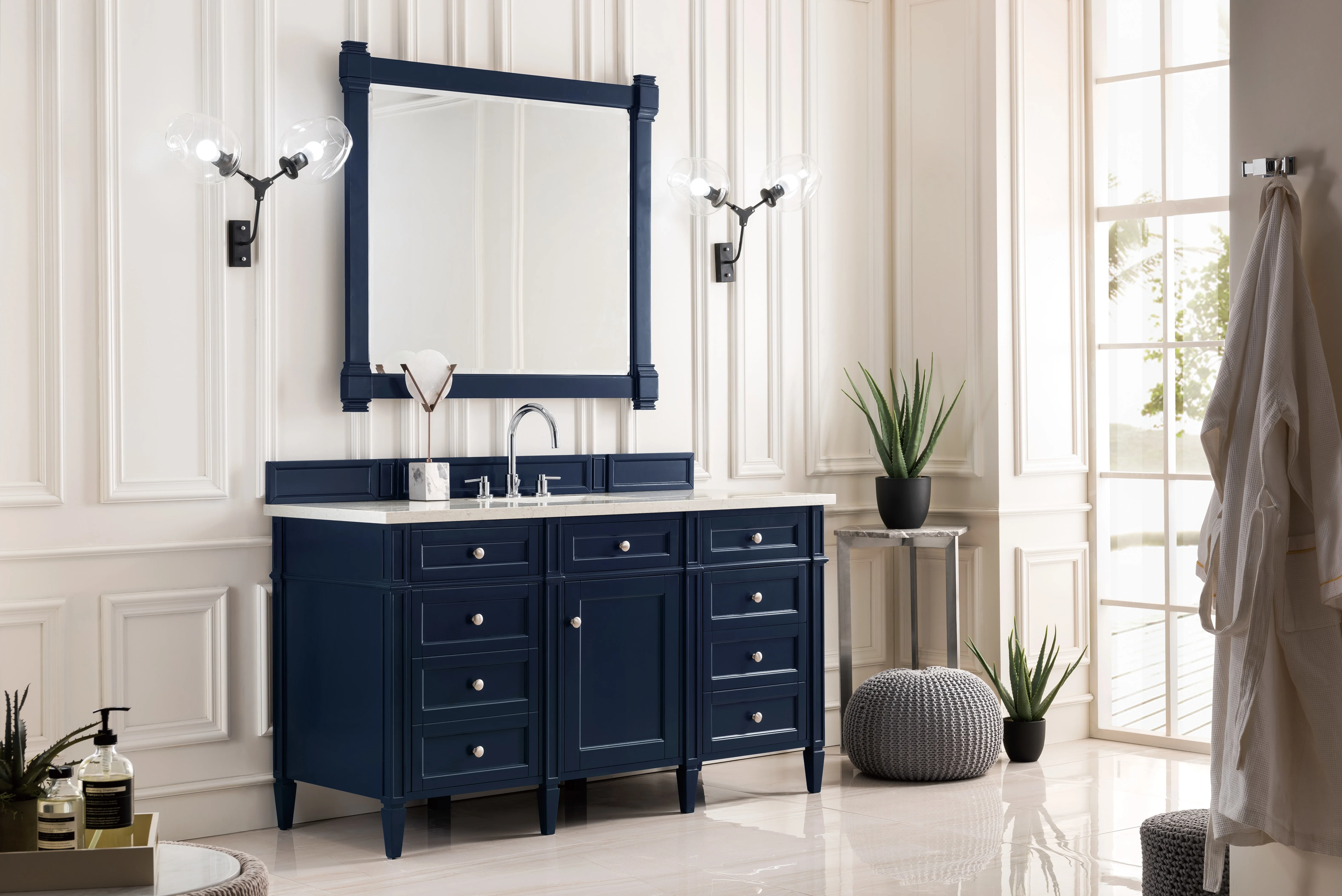 Brittany 60" Single Vanity, Victory Blue w/ 3 CM Eternal Jasmine Pearl Silestone Top w/FreePower Wireless Charger