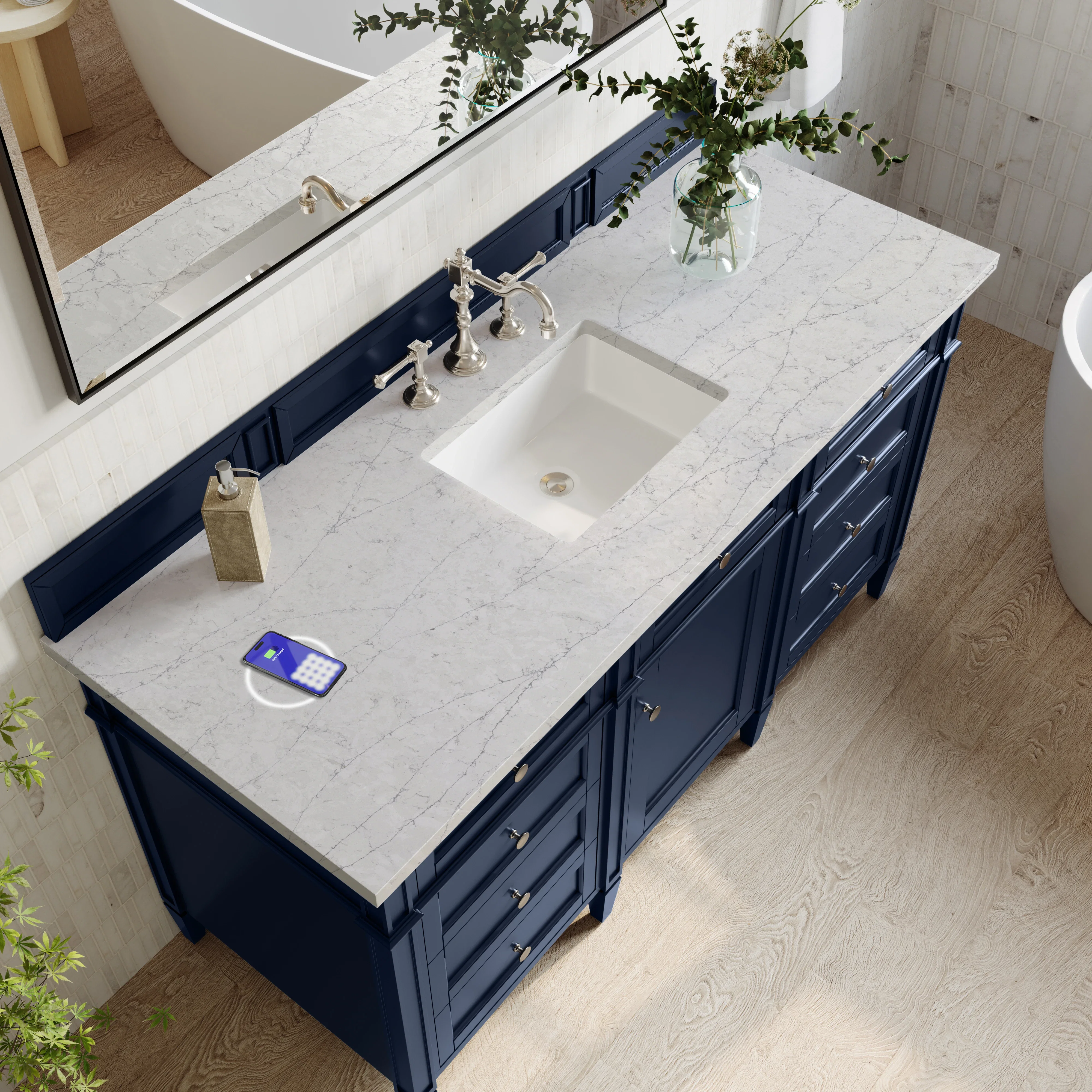 Brittany 60" Single Vanity, Victory Blue w/ 3 CM Eternal Jasmine Pearl Silestone Top w/FreePower Wireless Charger