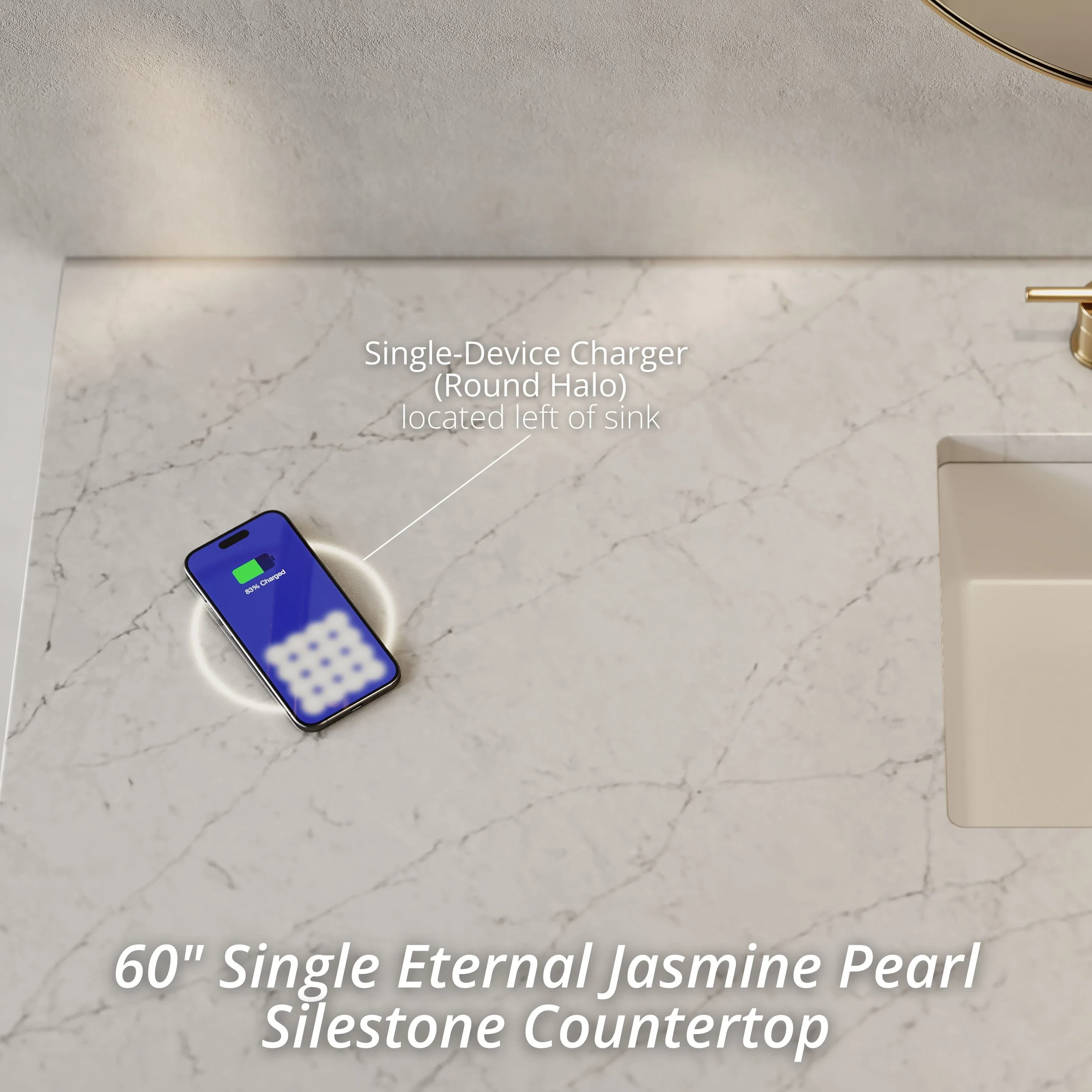 Brittany 60" Single Vanity, Victory Blue w/ 3 CM Eternal Jasmine Pearl Silestone Top w/FreePower Wireless Charger