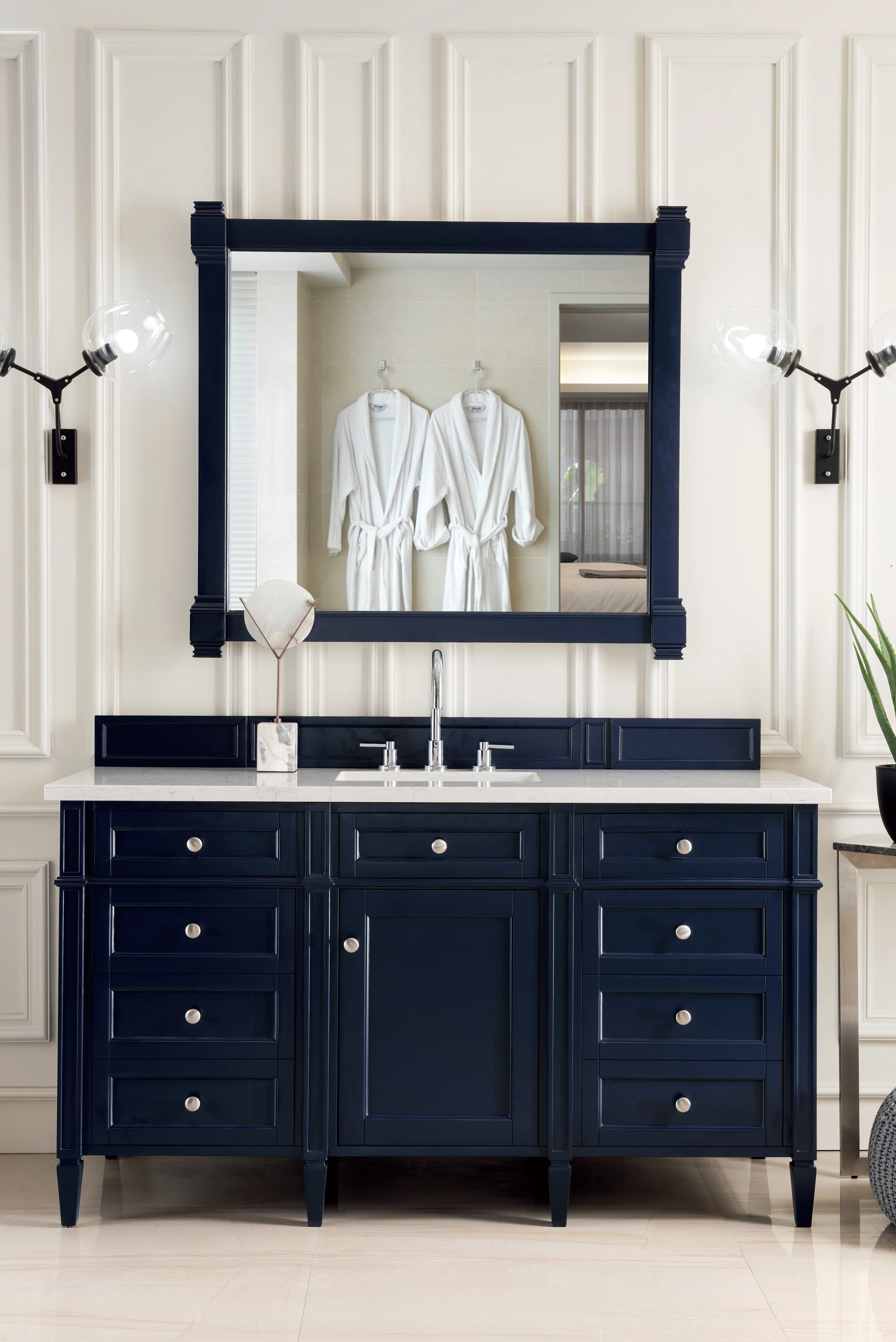 Brittany 60" Single Vanity, Victory Blue w/ 3 CM Eternal Jasmine Pearl Silestone Top w/FreePower Wireless Charger