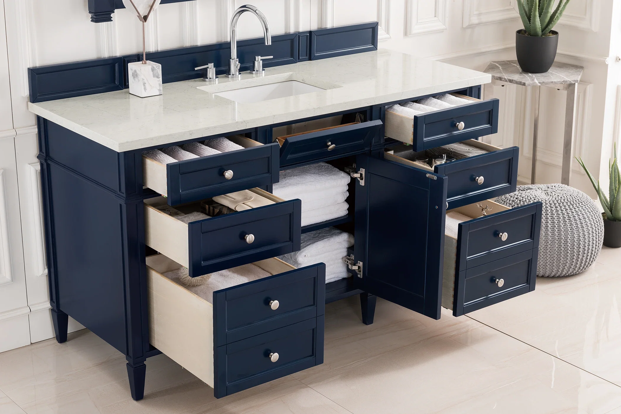 Brittany 60" Single Vanity, Victory Blue w/ 3 CM Eternal Jasmine Pearl Silestone Top w/FreePower Wireless Charger