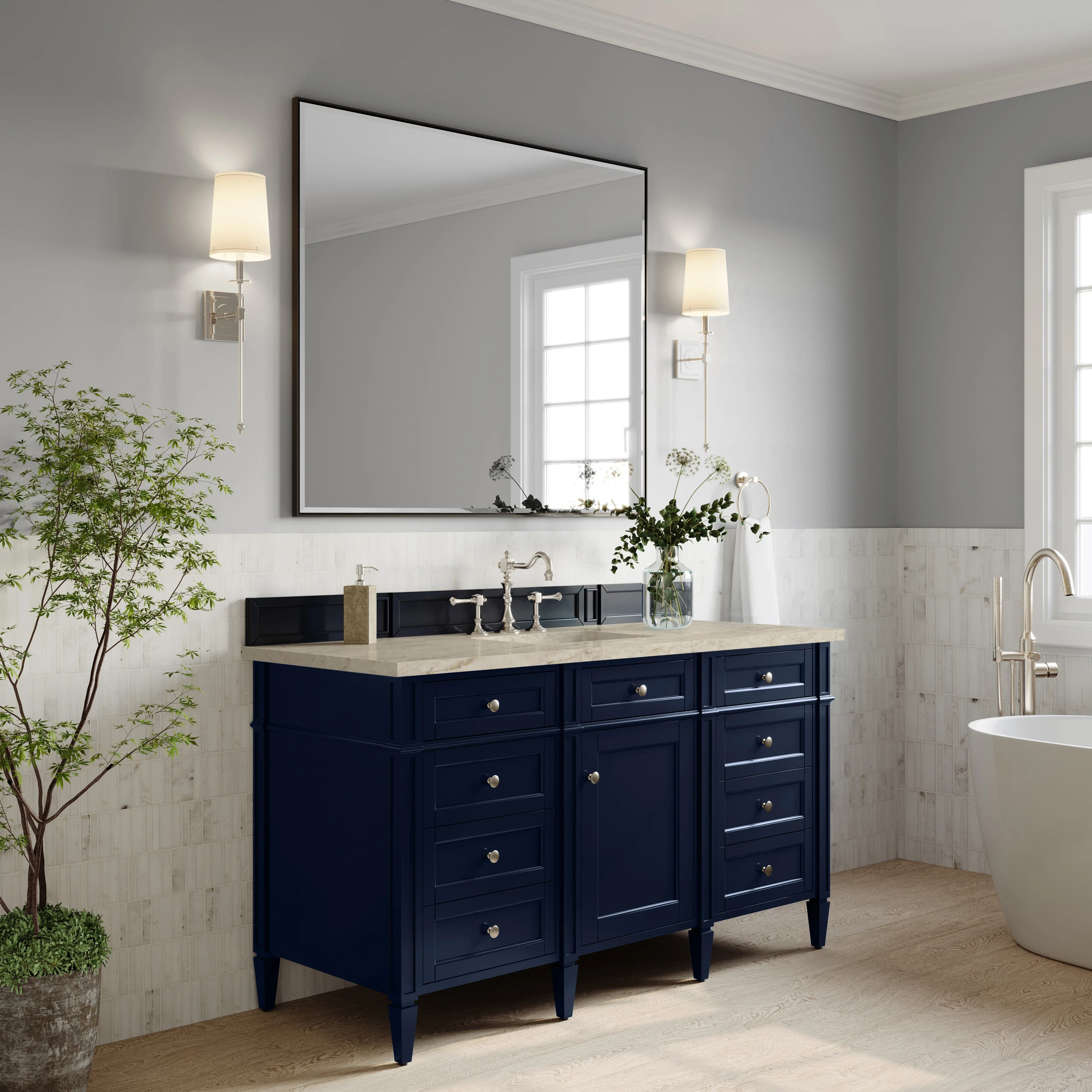 Brittany 60" Single Vanity, Victory Blue, w/ 3 CM Tajnar Eclos Top w/FreePower Wireless Charger